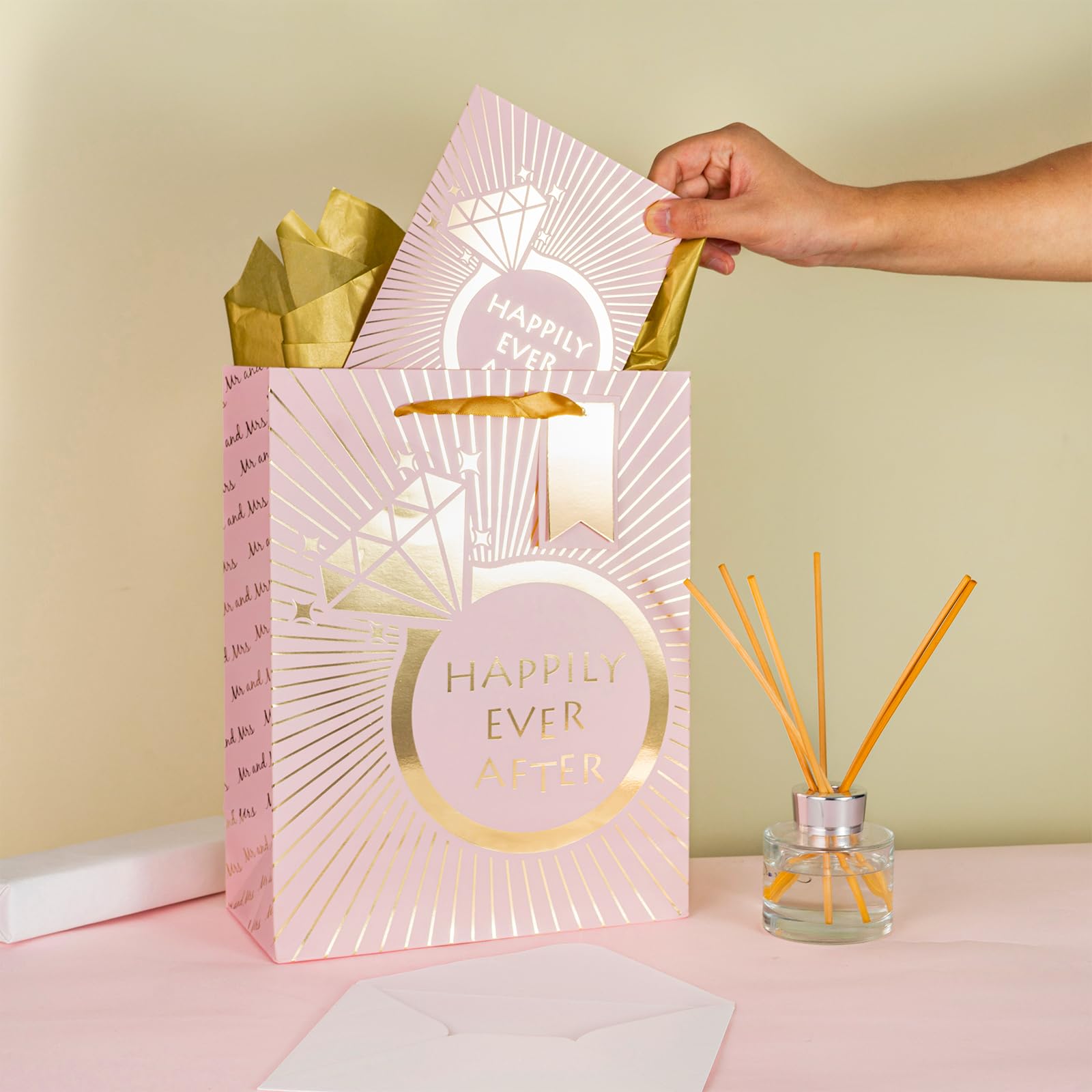 Wedding Gift Bag with Tissue Paper & Card - 10x5x13in, Pink for Parties & Events