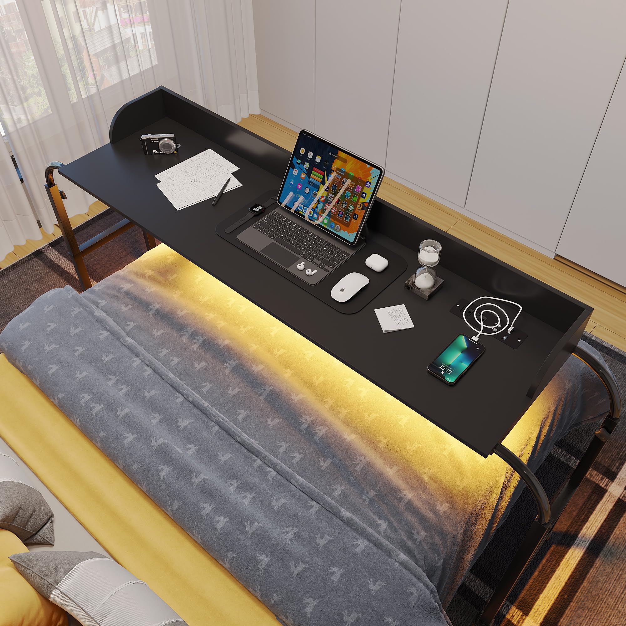 Auto-Sensor LED Over Bed Desk with Wheels - Adjustable Height Rolling Tray Table with Charging Station - Side Table for Laptop, Writing & Living Room Use - Perfect for Home Office, Bedroom & Small Spaces (Black)