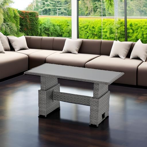 Outdoor Patio Lift Dining Table - Rectangle Wicker Coffee Table with Tempered Glass Top | Multi-Function Furniture for Backyard, Deck, Garden | Grey | Perfect for Outdoor Entertaining, Poolside Lounging & Alfresco Dining