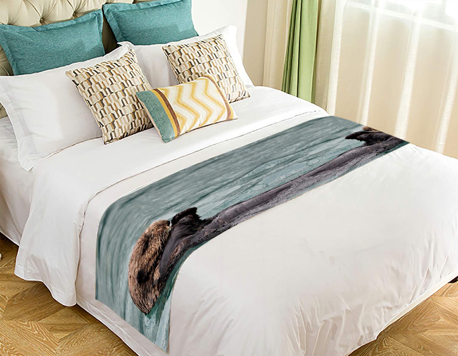 ECZJNT Playful Sea Otters Bed Runner - 20x95 Inch Decorative Bed Scarf for Coastal & Nautical Bedroom Decor | Perfect for Guest Rooms, Beach Houses & Ocean-Themed Weddings