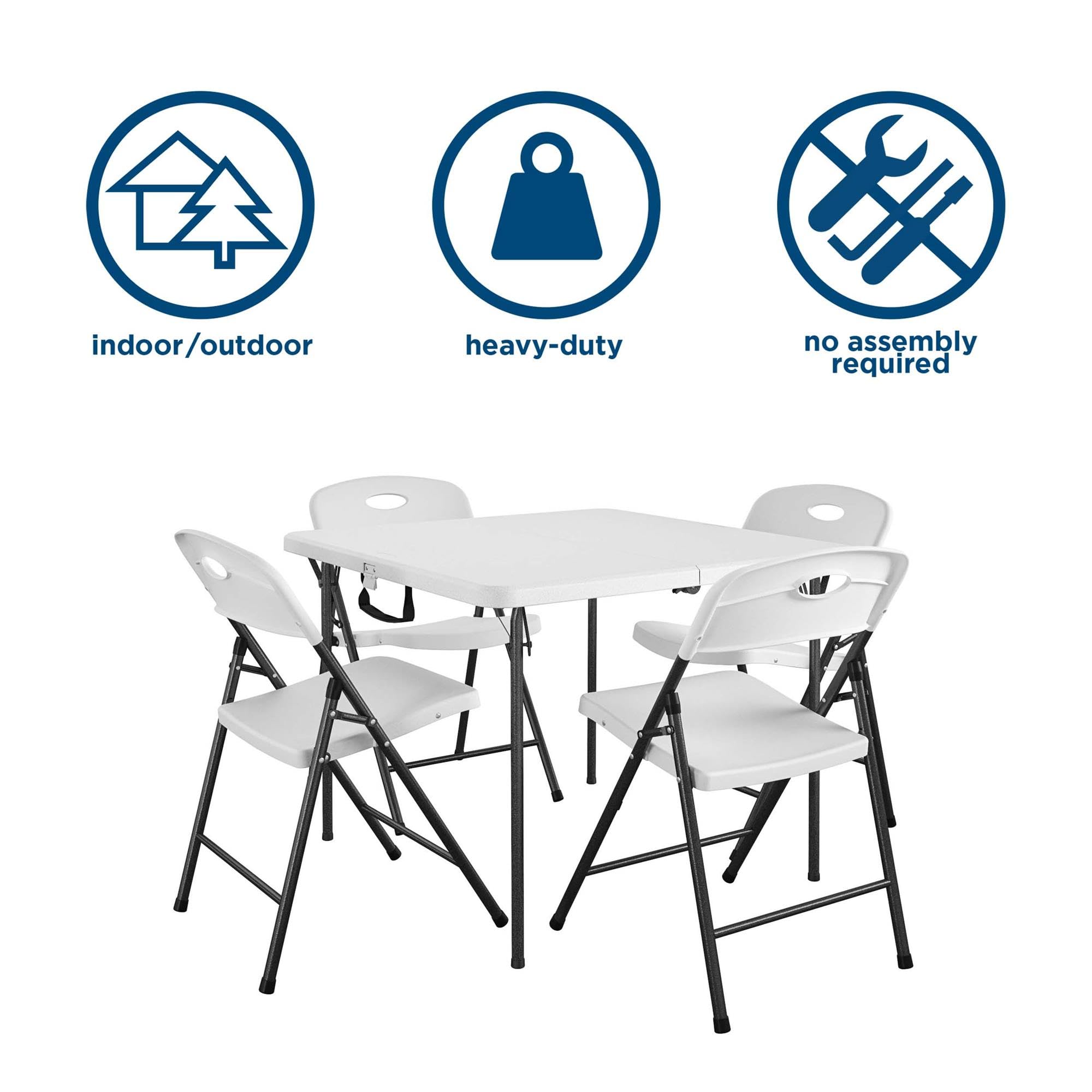 COSCO XL 5-Piece Indoor Outdoor Dining Set with 36 Inch Foldable Card Table & Handle - White - Perfect for Patio, Picnics, Camping & Small Space Living