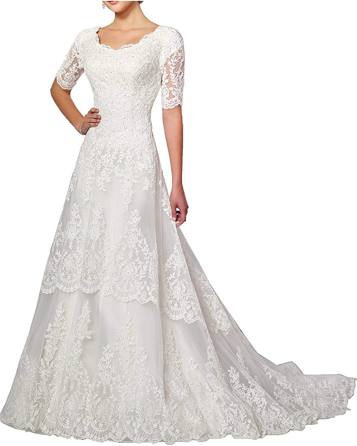 Elegant Lace Wedding Dress with Long Sleeves - A-Line Bridal Gown with Train for Church Ceremony & Romantic Outdoor Weddings