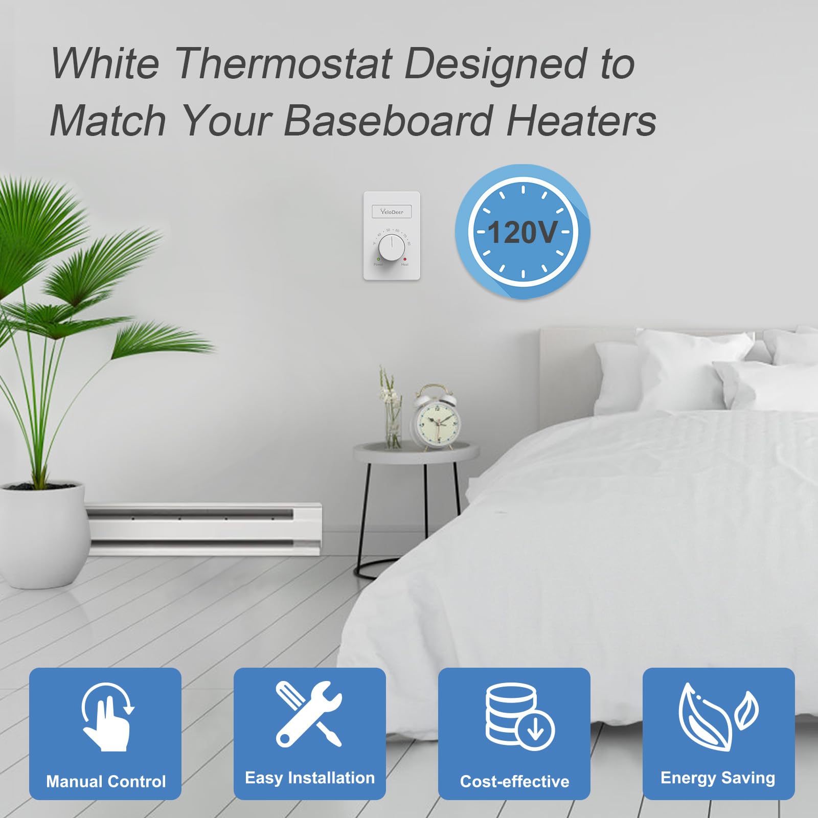 YeloDeer Manual Electric Baseboard Heater Thermostat - 120V Only, Single Pole, Temperature Control for Home Heating - Perfect for Bedrooms, Living Rooms & Basements