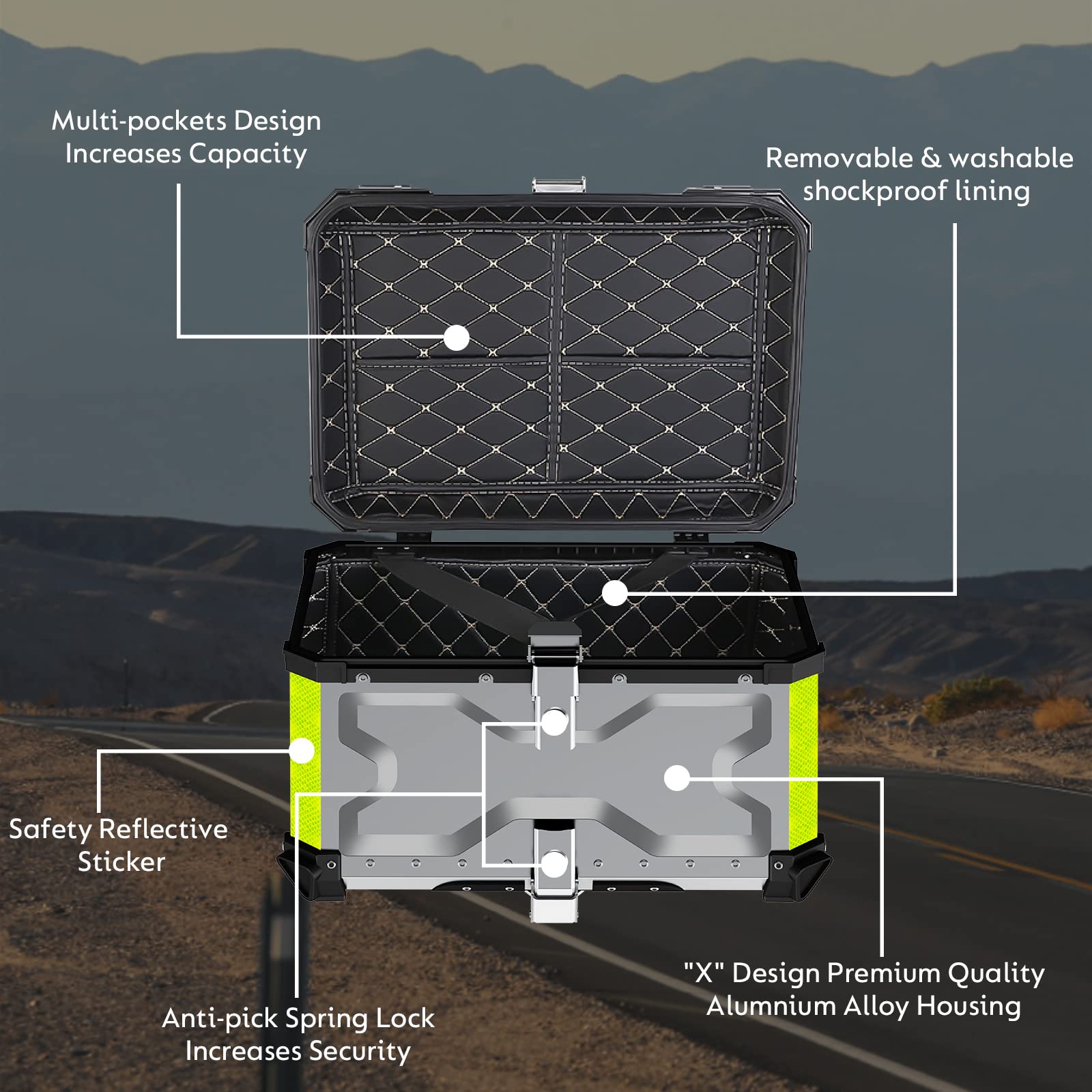 Heavy Duty Aluminum Universal Motorcycle Top Case - Waterproof Motorbike Tail Box Trunk with Security Lock for Helmet & Luggage Storage | Perfect for Touring, Commuting & Adventure Riding