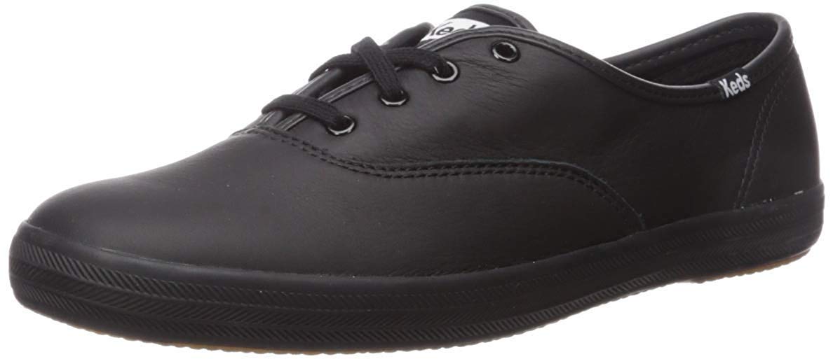 Keds Women's Champion Black Leather Sneakers Wide Width 9.5 - Comfortable Casual Shoes for Walking, Work & Everyday Wear