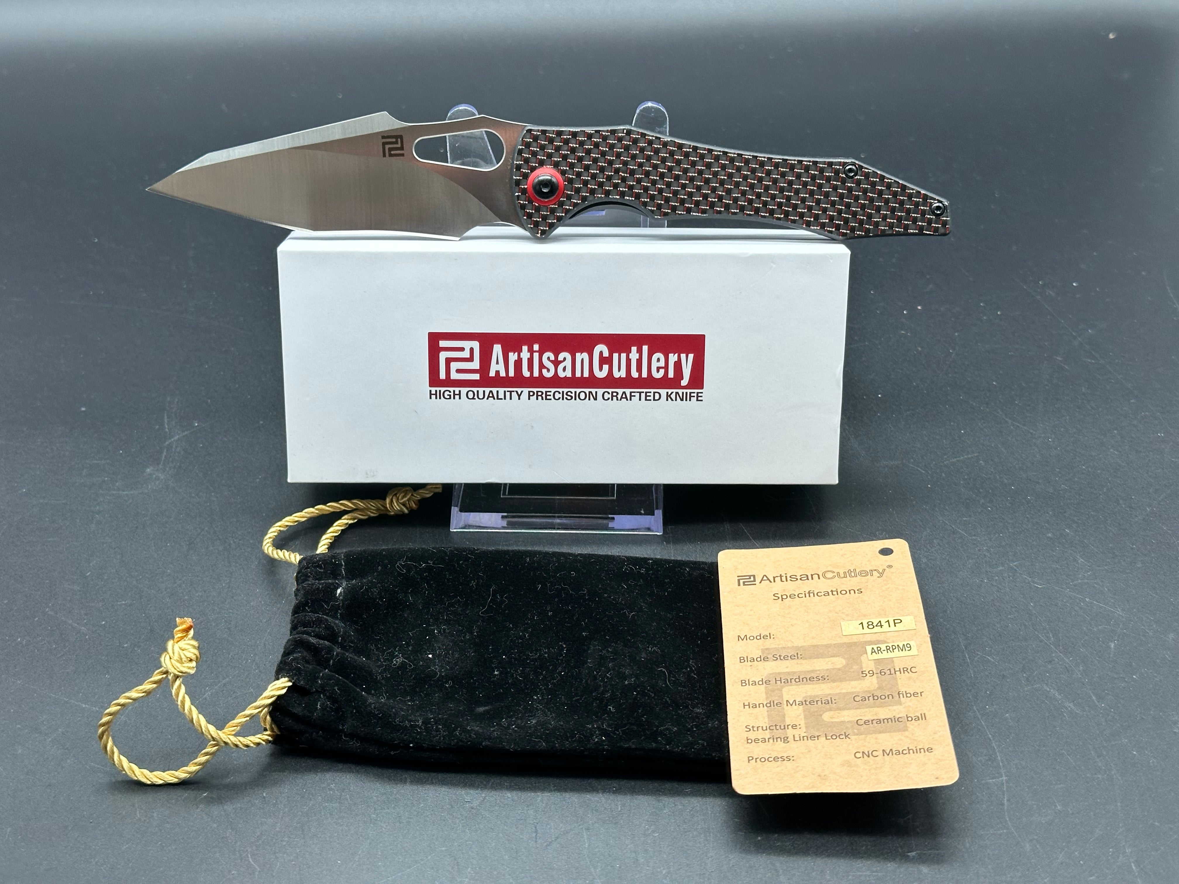 ARTISAN CUTLERY GREAT WHITE Folding Knife - Black & Red Carbon Fiber Handle, EDC Pocket Knife for Outdoor Camping, Hiking & Everyday Carry