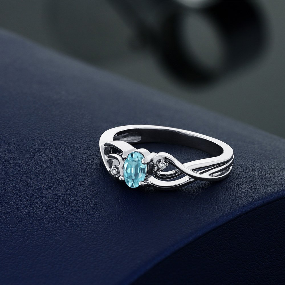 0.76 Ct Oval Blue Zircon & White Lab-Grown Diamond 925 Sterling Silver Ring for Women | Elegant Wedding, Engagement & Anniversary Jewelry Gift