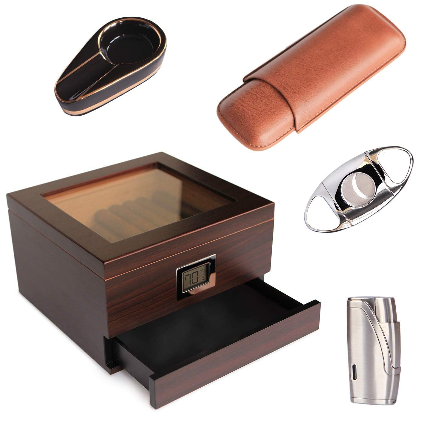 Premium Renzo Glass Top Humidor Set with Cigar Lighter & Cutter - Luxury Travel Case Bundle for Cigar Aficionados | Perfect for Home, Office & Gifting