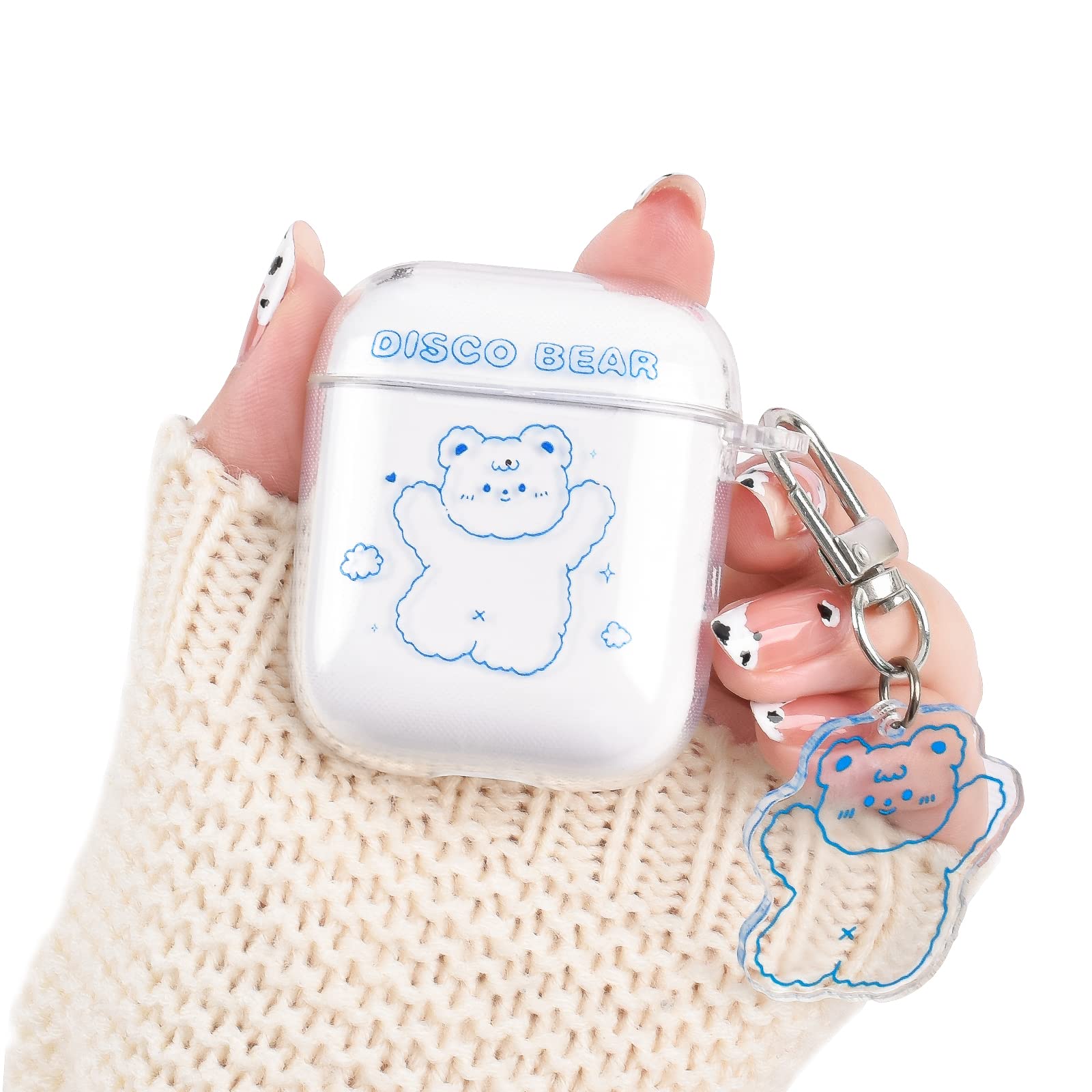 Newseego AirPods 1 & 2 Case Cover - Cute Clear Bear Cartoon Design Soft Silicone Protective Case with Keychain for Women & Girls (Blue Bear) - Perfect for School, Travel, and Daily Use