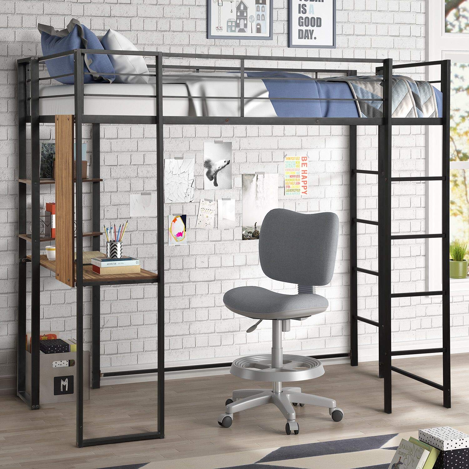 Danxee Loft Twin Bunk Bed with Shelves & Desk - Space Saving High Sleeper Bed with Full Guardrails & Dual Ladders for Kids, Teens, Dorms & Small Rooms | Perfect for Shared Bedrooms, Studio Apartments & Guest Rooms