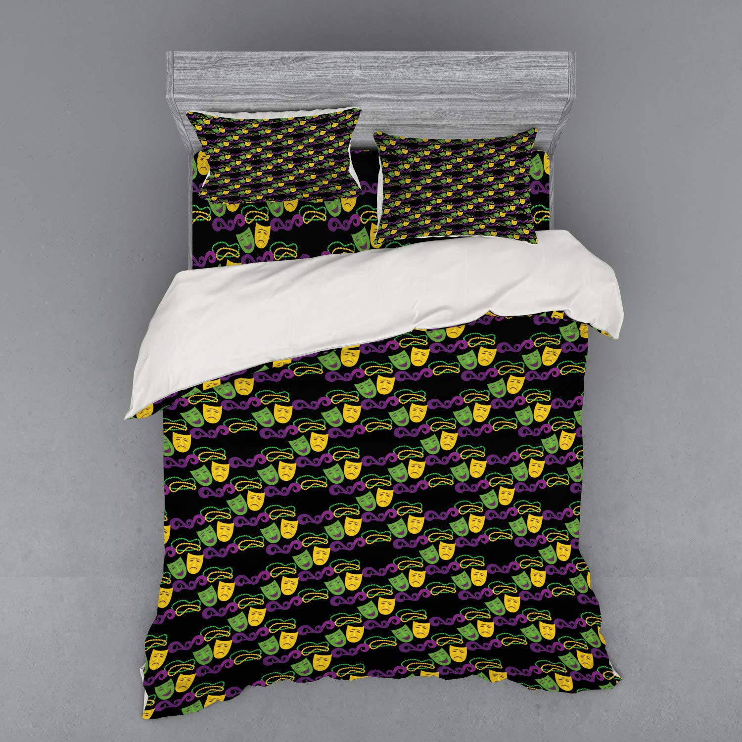Ambesonne New Orleans Mardi Gras Duvet Cover Set - 4 Piece Queen Size Bedding with Shams & Fitted Sheet, Vibrant Green Purple Yellow Masquerade Pattern for Festival & Themed Bedroom Decor