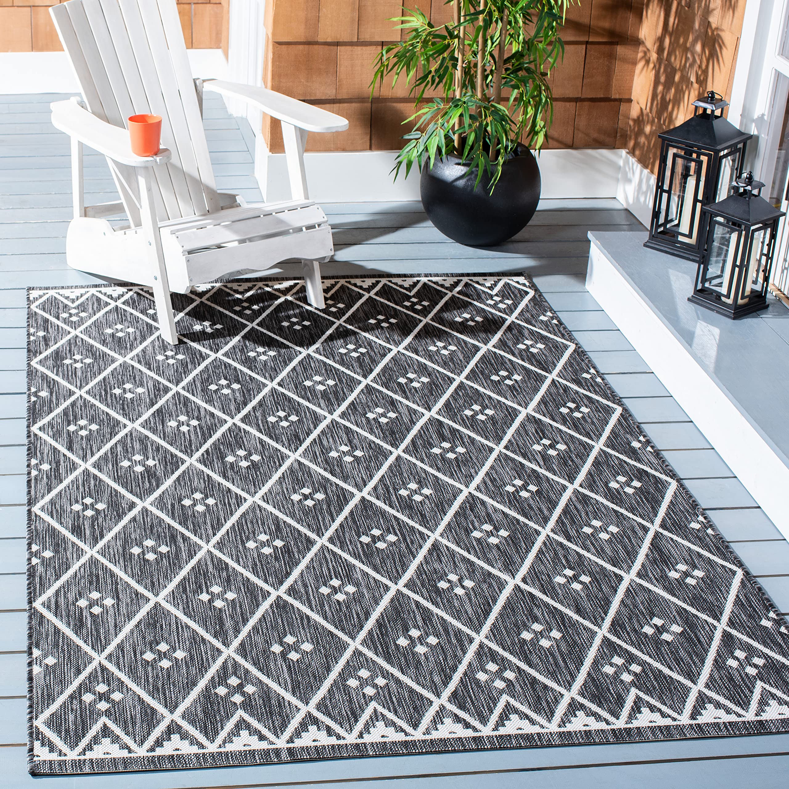 SAFAVIEH Courtyard Collection 8' x 10' Black/Ivory Indoor Outdoor Waterproof Rug - Easy Clean, Durable for Patio, Backyard, Mudroom & High Traffic Areas