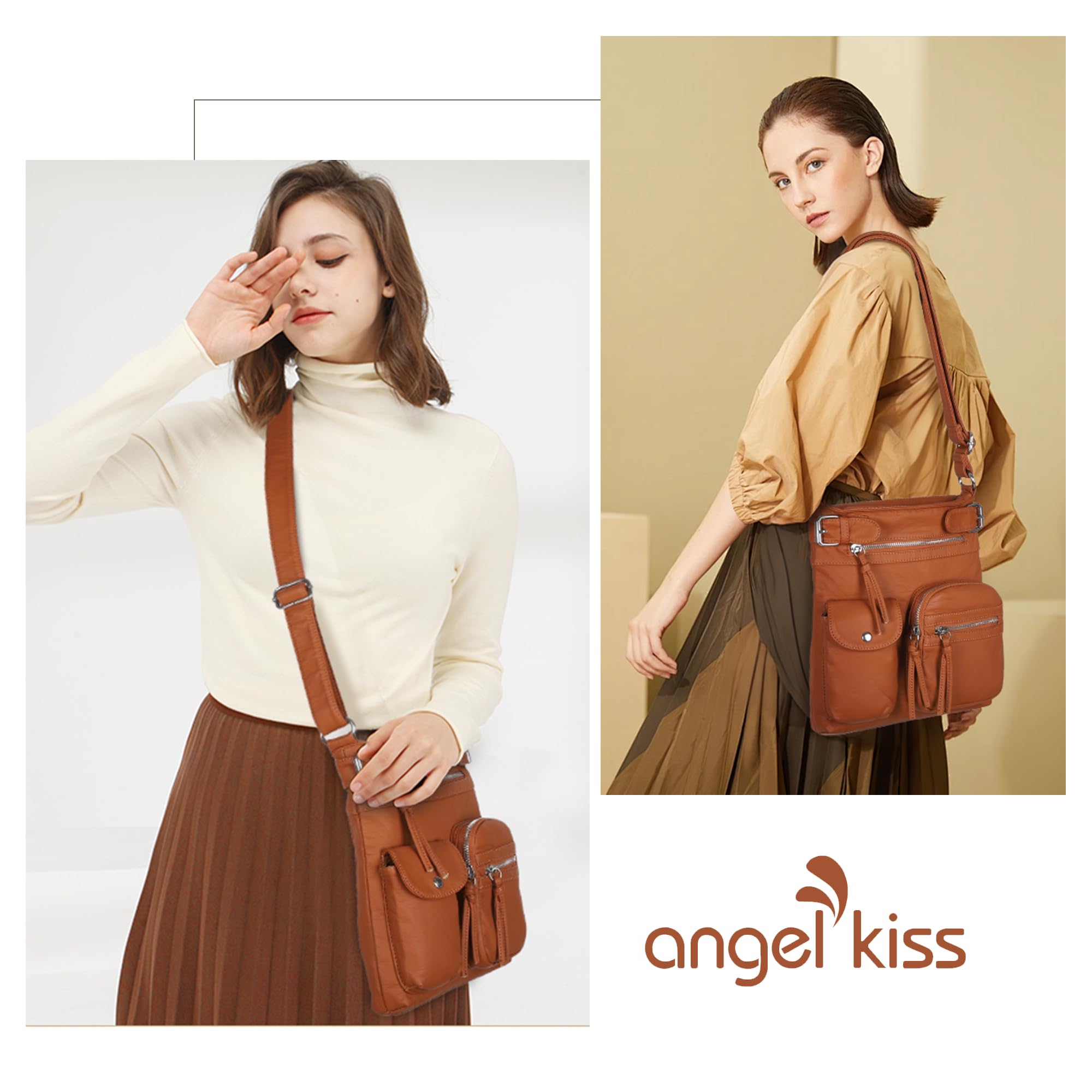 Angel Kiss Women's Crossbody Bag - Soft Washed Leather Shoulder Purse with Multiple Pockets | Stylish Hobo & Medium Handbag for Work, Travel & Everyday Use