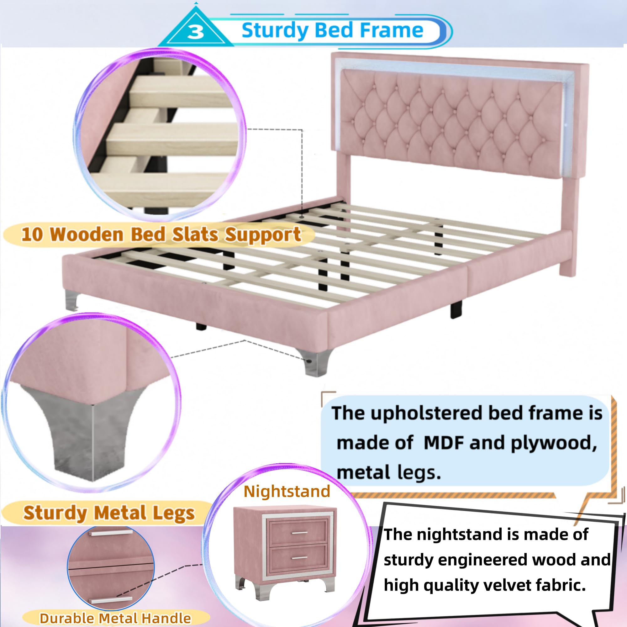 Linique 3-Piece Queen Size Bedroom Set with LED Upholstered Platform Bed Frame & Nightstands - Modern Velvet Wooden Bed with Button Tufted Headboard in Pink | Perfect for Contemporary Bedrooms & Master Suites