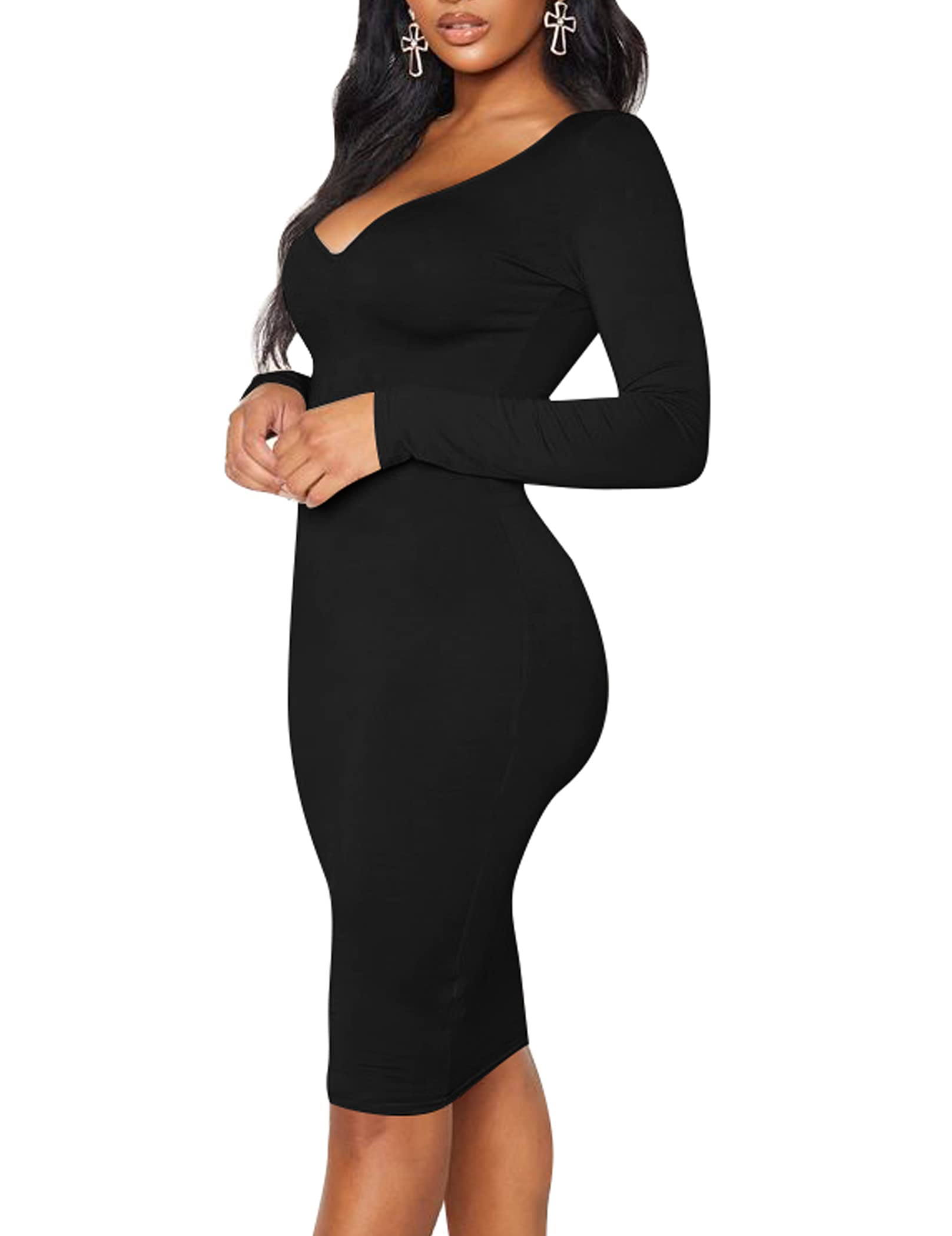 BORIFLORS Women's Sexy Bodycon Long Sleeve Deep V Neck Club Party Midi Pencil Dress - Perfect for Night Out, Date Night, Cocktail Parties & Special Occasions