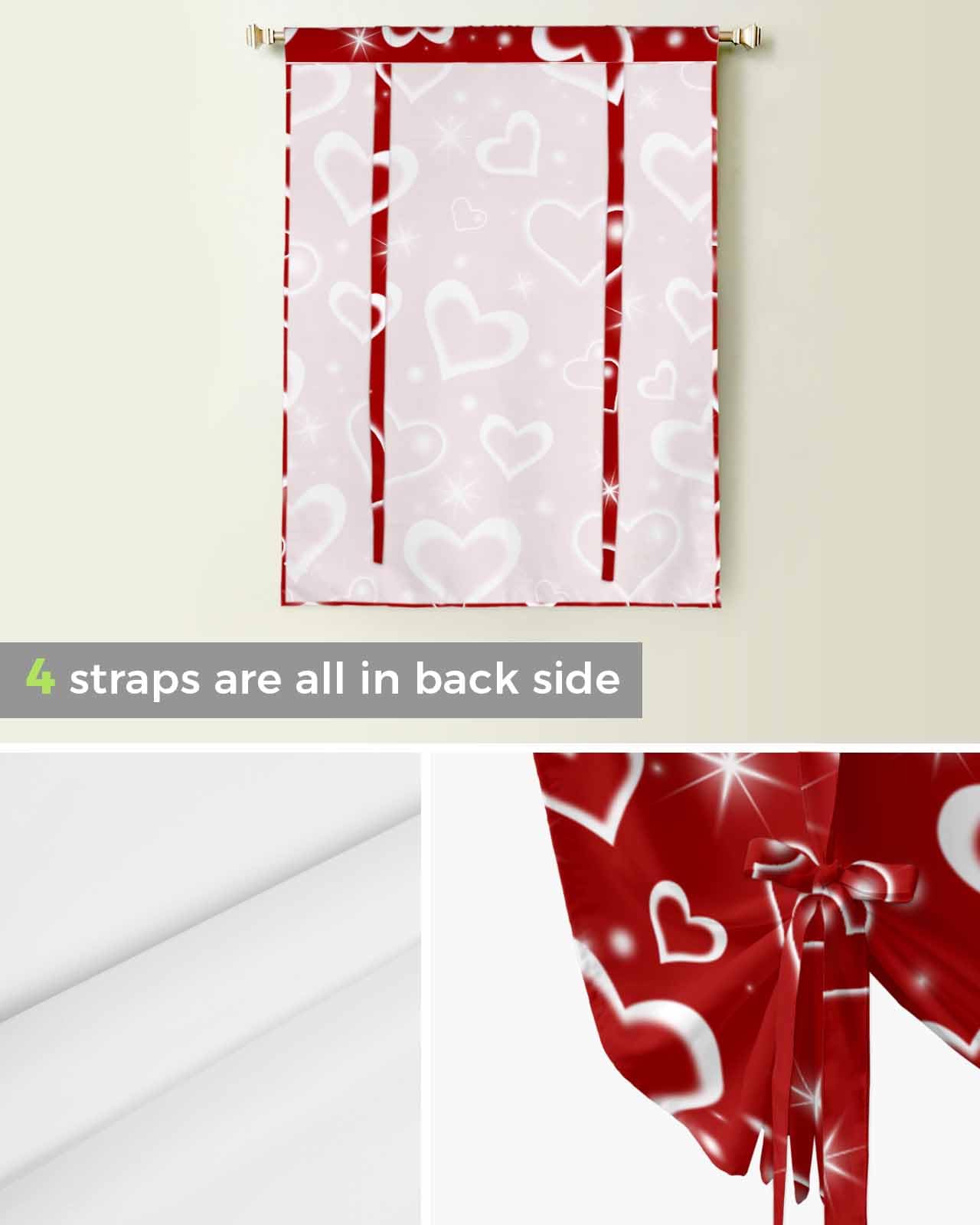 Valentine's Day Kitchen Window Curtains - Romantic Star & Heart Design Adjustable Balloon Shade with Rod Pocket, 42