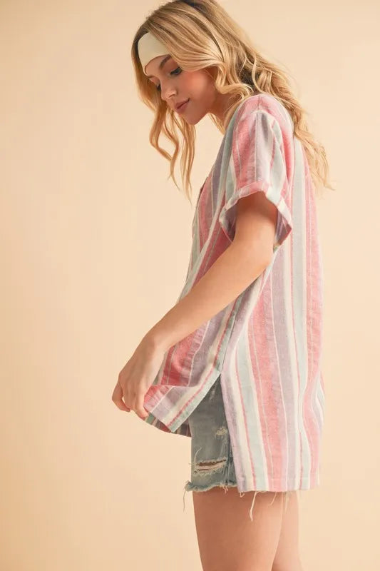 Trendy Pink Striped Short Sleeve Blouse with Side Slit - Perfect for Casual Outings, Office Wear & Summer Fashion