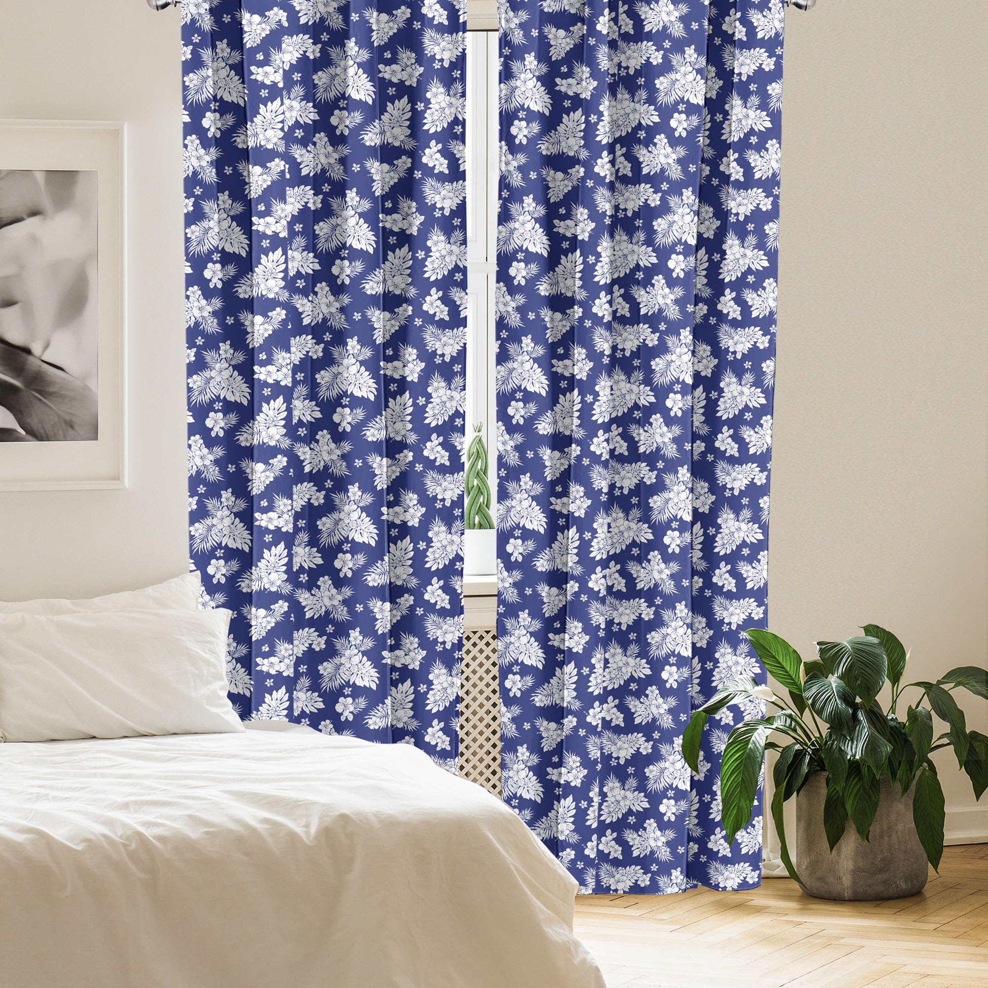Ambesonne Blue and White Window Curtains - Floral Aloha Style Exotic Corsage Design, Lightweight 2-Panel Set with Rod Pocket (28