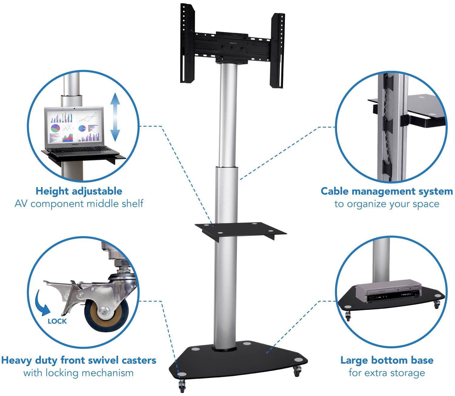 Mount-It! Adjustable Mobile TV Cart Stand for 37-70 Inch Flat Screens - Heavy Duty Rolling TV Stand with Component Shelf & Locking Casters, Supports VESA 200x200 to 600x400 & 110 lbs - Perfect for Living Rooms, Classrooms & Conference Rooms (MI-1875)