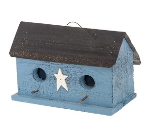 Blue Two Hole A-Frame Cottage Birdhouse with Star Accent - Handcrafted Wooden Bird House for Garden, Patio, or Backyard Decoration - Attracts Wild Birds Like Cardinals & Finches