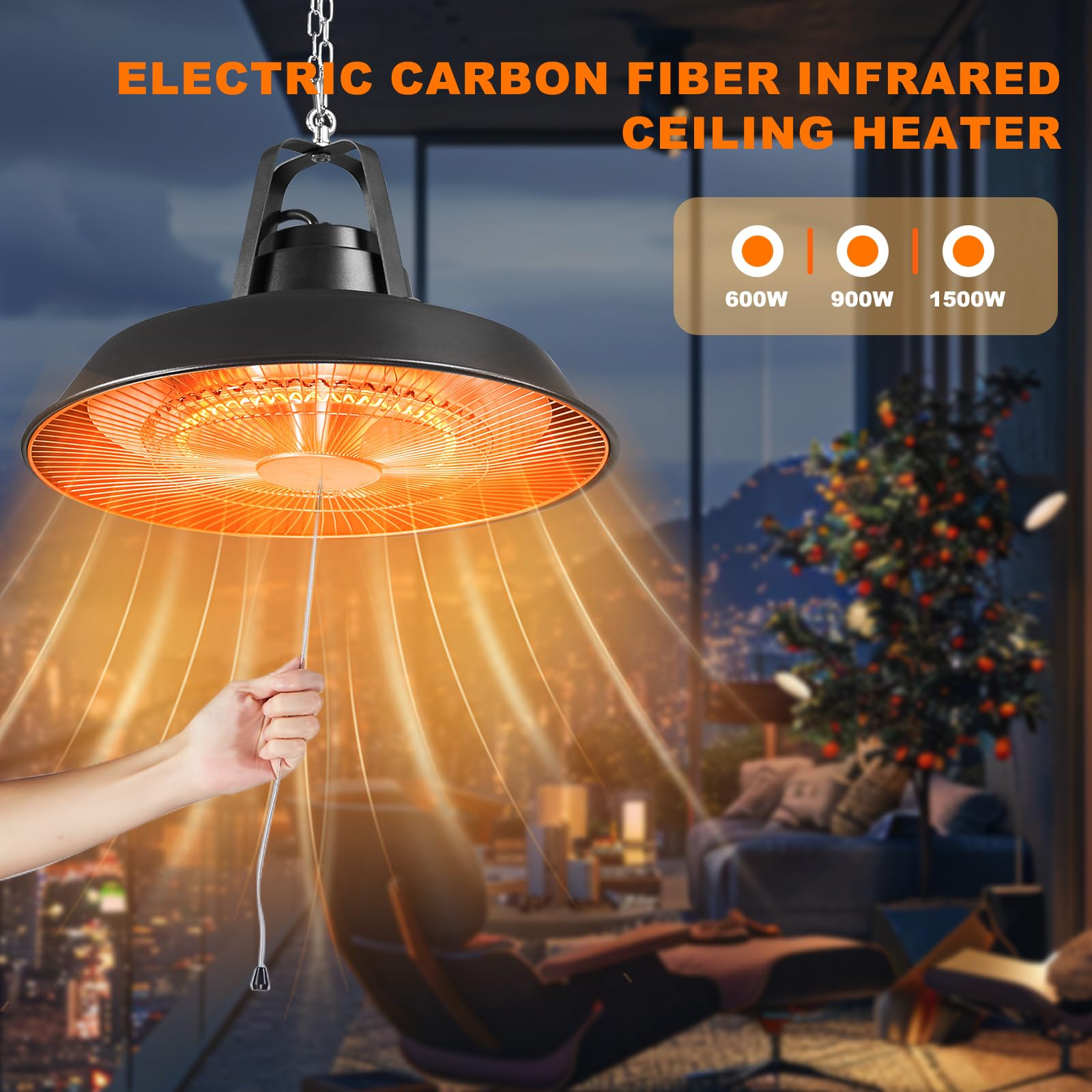 1500W Electric Outdoor Patio Heater - Ceiling Mounted Carbon Infrared Heater with 600W/900W/1500W Adjustable Settings, IP34 Waterproof for Garage, Gazebo, Deck & Shop - Perfect for Patio Dining, Outdoor Gatherings & Winter Workspaces