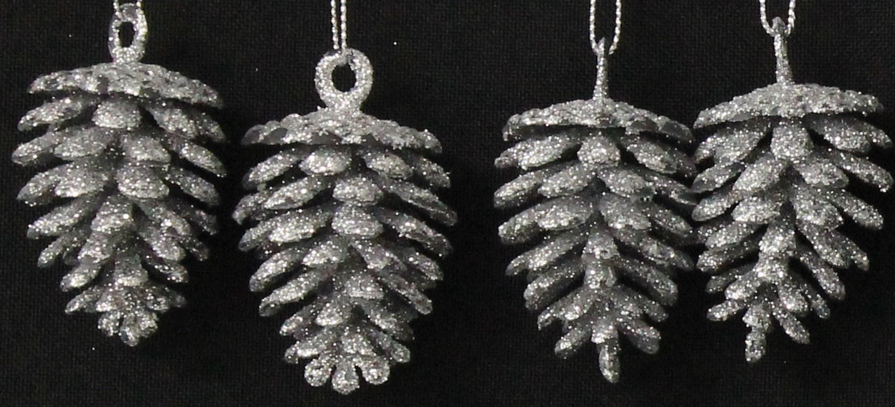 3 Pack/4 Pack Silver & White Glitter Pine Cone Ornaments - Christmas Tree Decorations, Holiday Party Decor, Winter Home Decor