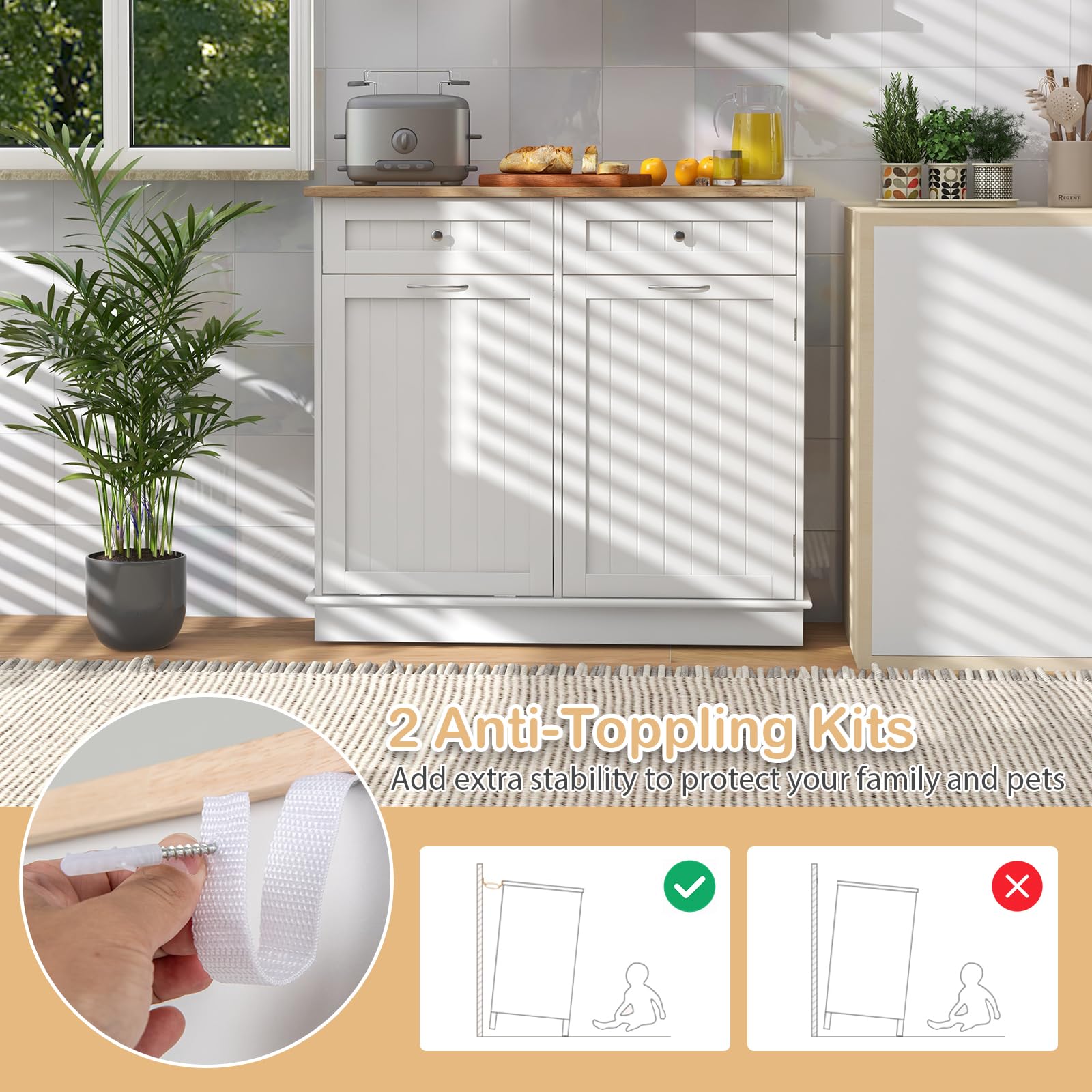 Giantex 15.5 Gallon Kitchen Trash Cabinet with Tilt-Out Bin - White Rubber Wood Countertop, 2 Large Drawers & Adjustable Shelf - Waste & Recycling Organizer for Kitchen Island, Pantry or Utility Room Storage