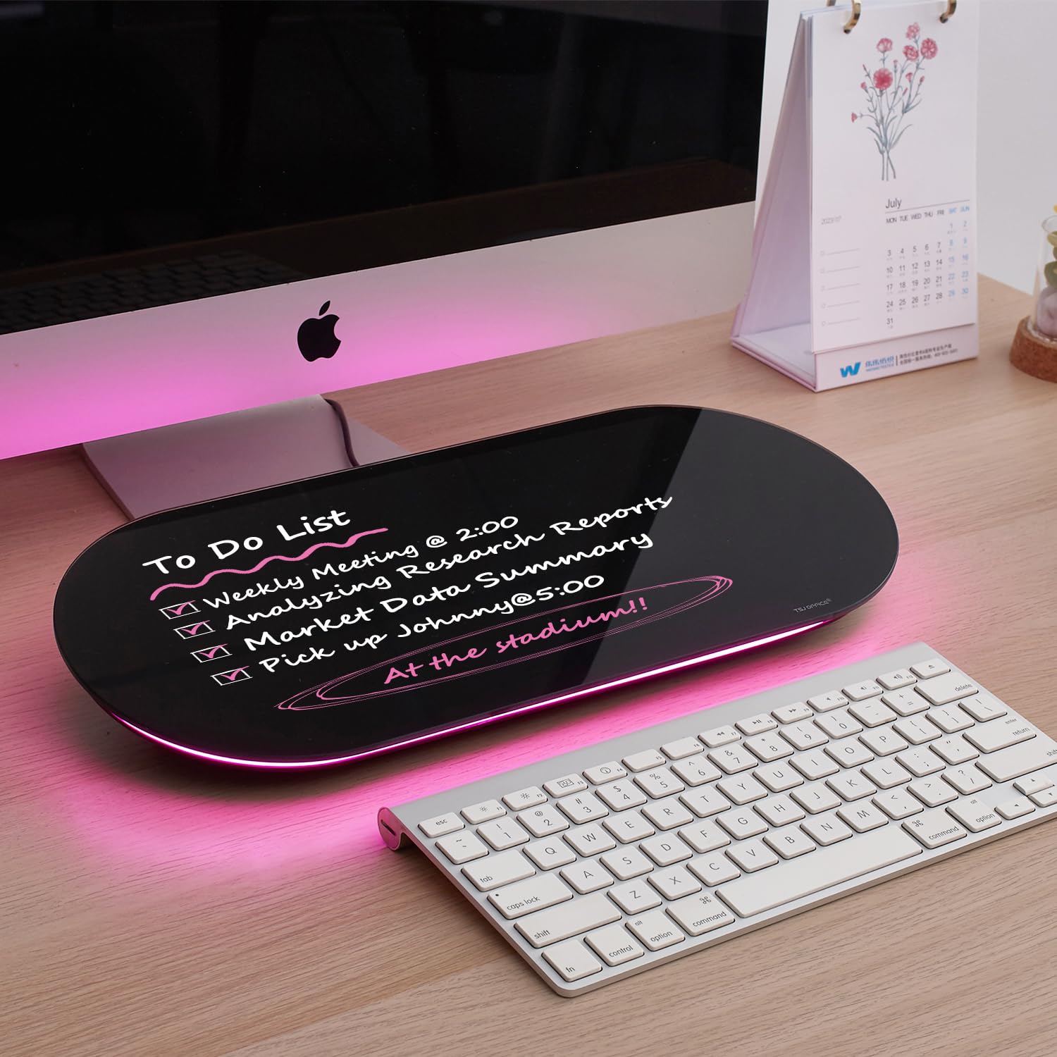 TSJ OFFICE 17x7 Inches Glass Desktop Whiteboard - Small Dry Erase Board with Pink LED Light, Glass Surface Notepad with Drawer - Perfect for Office, Home & School Organization (Black) | Ideal for Meetings, Notes & Daily Planning