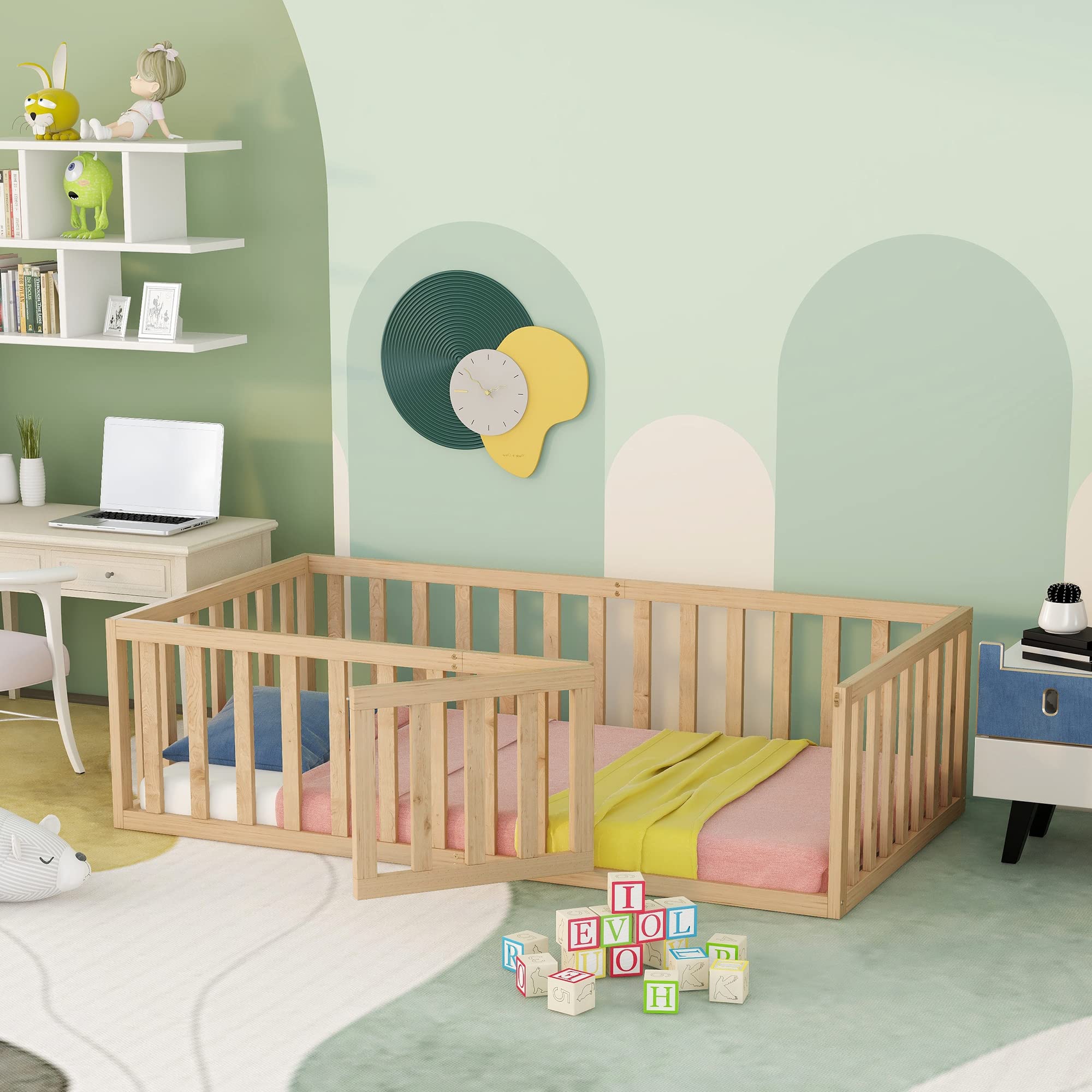 Montessori Twin Floor Bed for Kids - Low Ground Toddler Bed with Fence | Safe Play & Sleep Space