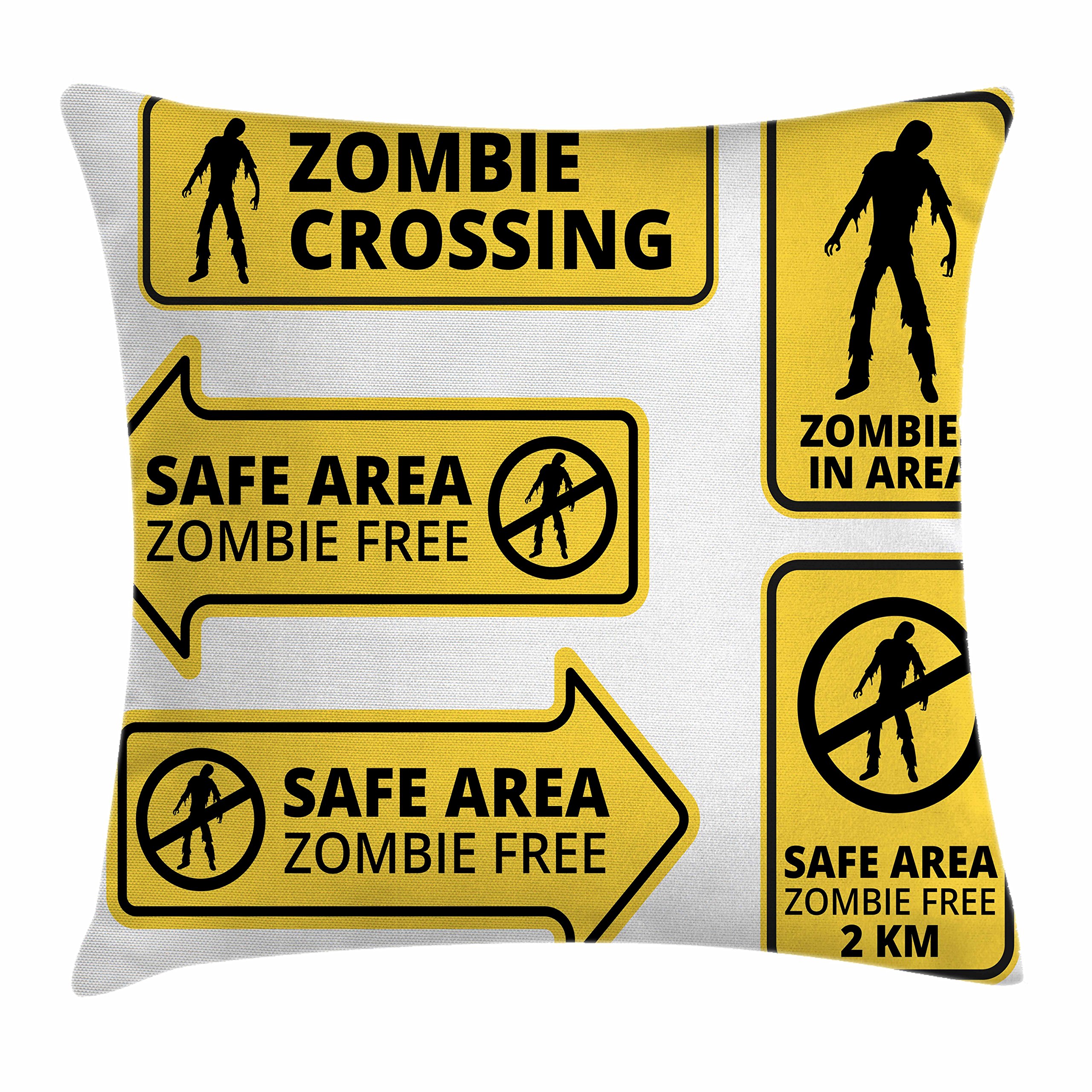 Ambesonne Zombie Throw Pillow Cover 36x36 Inches - Horror Movie Safe Zone Caution Sign Design, Yellow & Black Square Decorative Cushion Case for Halloween, Horror Fans & Movie Themed Home Decor