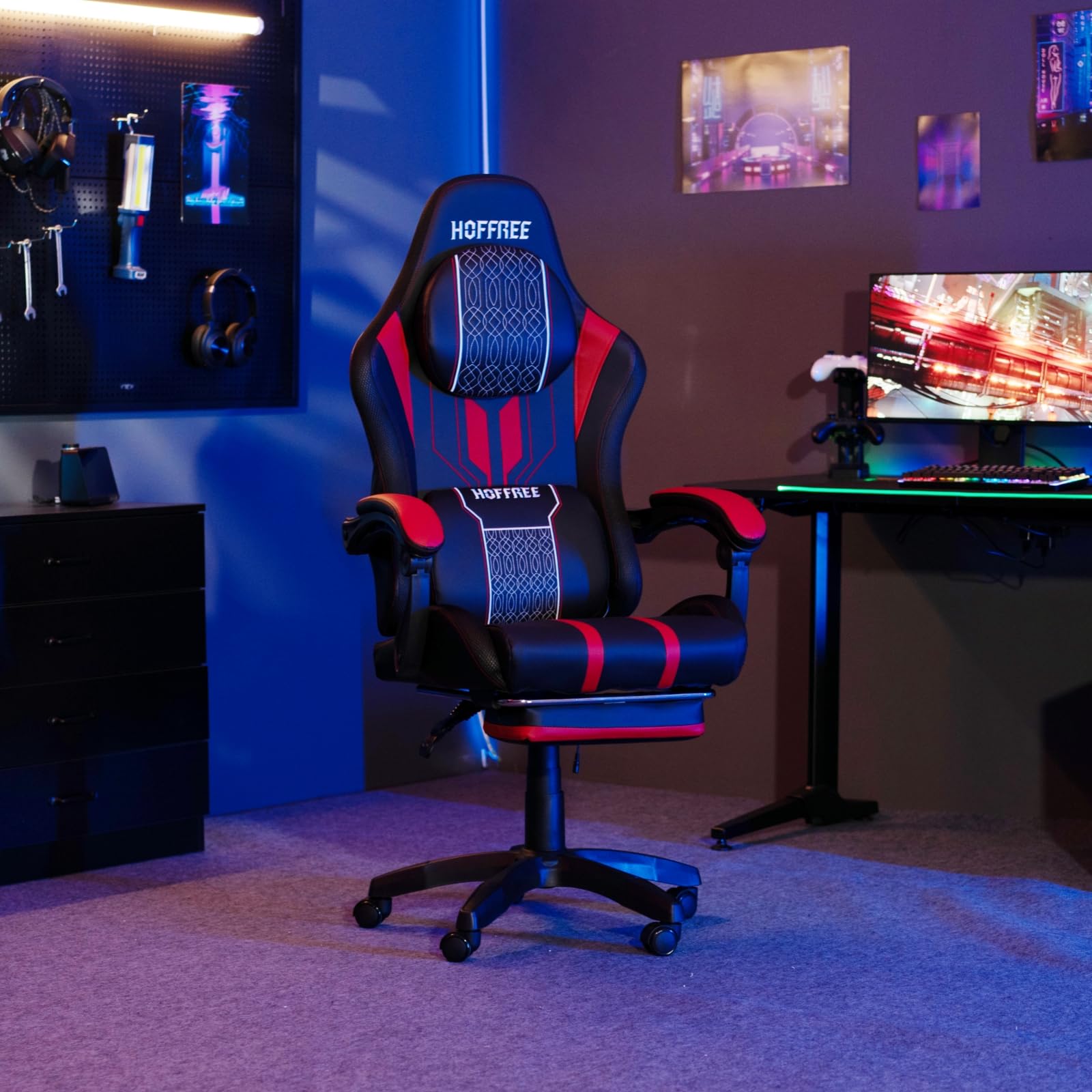 HOFFREE Big and Tall Gaming Chair with Massage, Bluetooth Speakers & Footrest - Ergonomic Video Game Chair for Heavy People up to 400lbs - Red and Black Design - Perfect for PC Gaming, Streaming & Office Work
