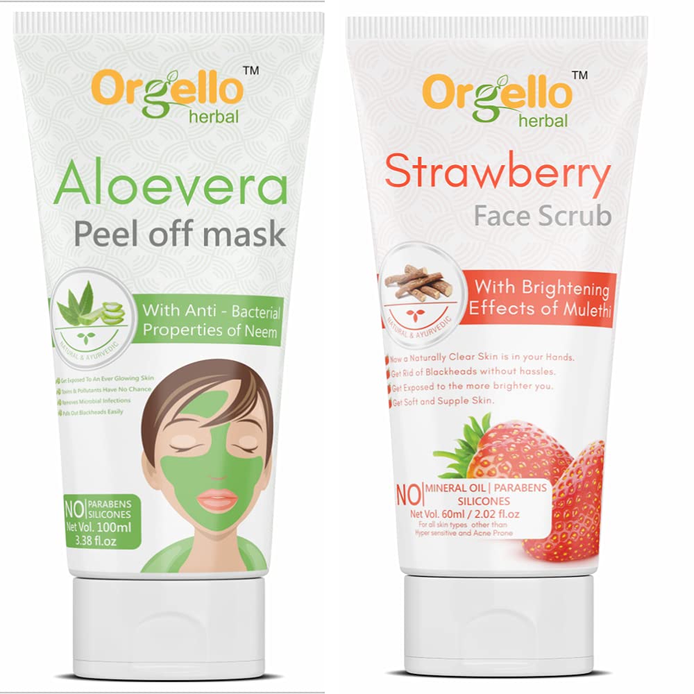 Orgello Herbal Aloe Vera Peel Off Mask & Strawberry Face Scrub Set - 2 x 100ml for Women & Men | Deep Cleansing, Blackhead Removal, Skin Brightening | Perfect for Spa Day & Skincare Routine