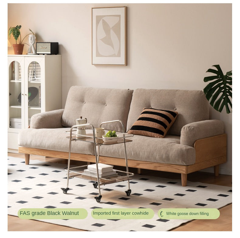 Premium Oak Solid Wood High Back Sofa with Genuine Leather & Fabric Upholstery - Modern Living Room Furniture for Home & Office Comfort