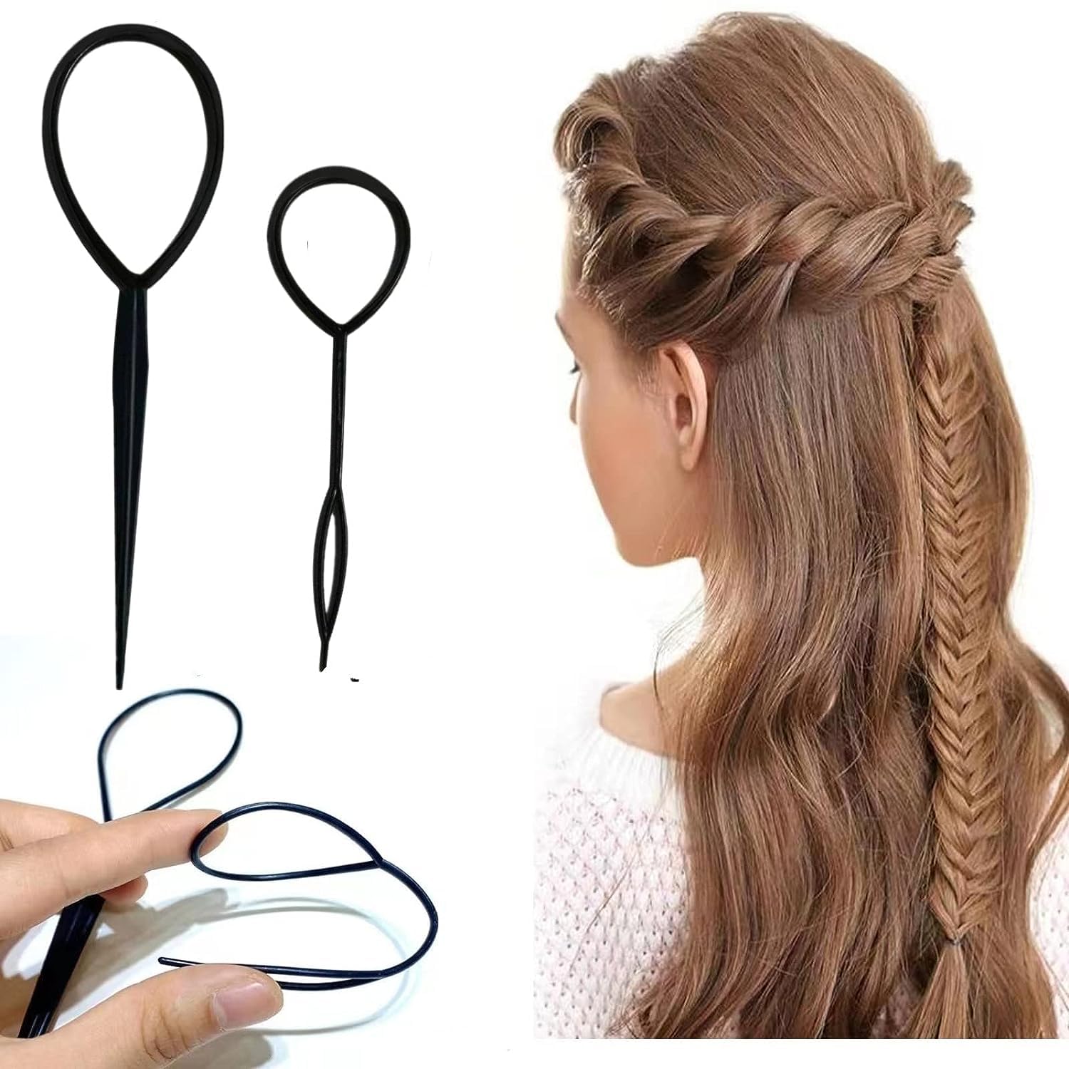 6Pcs Hair Styling Tools Set - 2 Heat Resistant Metal Rat Tail Combs & 4 Ponytail Loop Tools for Perfect Hairstyles | Great for Salon, Home Use & Travel Accessories | Black Hair Flip & Styling Kit