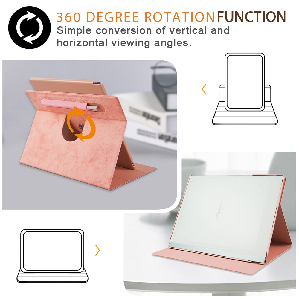 Premium Rotating Case for reMarkable 2 Paper Tablet - Protective Cover with Pen Holder & Stand Function - Pink - Perfect for Note-Taking, Drawing & Business Professionals