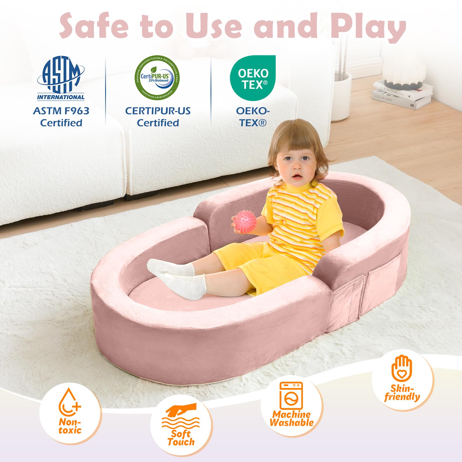 Portable Toddler Travel Bed - Foldable 2-in-1 Kids Sofa with Soft Foam & Washable Cover | Convertible Toddler Cot for Indoor & Outdoor Use | Perfect for Camping, Travel, Playdates & Sleepovers