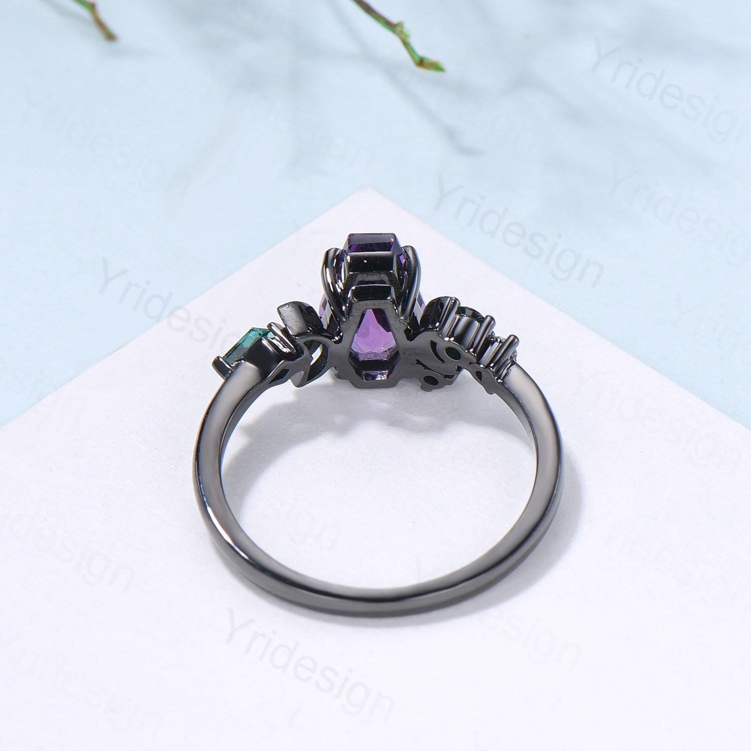 Gothic Black Rutilated Quartz Coffin Cut Ring - Black Gold Moon Cluster Emerald Wedding Band for Women - Perfect for Engagement, Anniversary & Promise Rings - Ideal for Dark Romance & Alternative Fashion Lovers