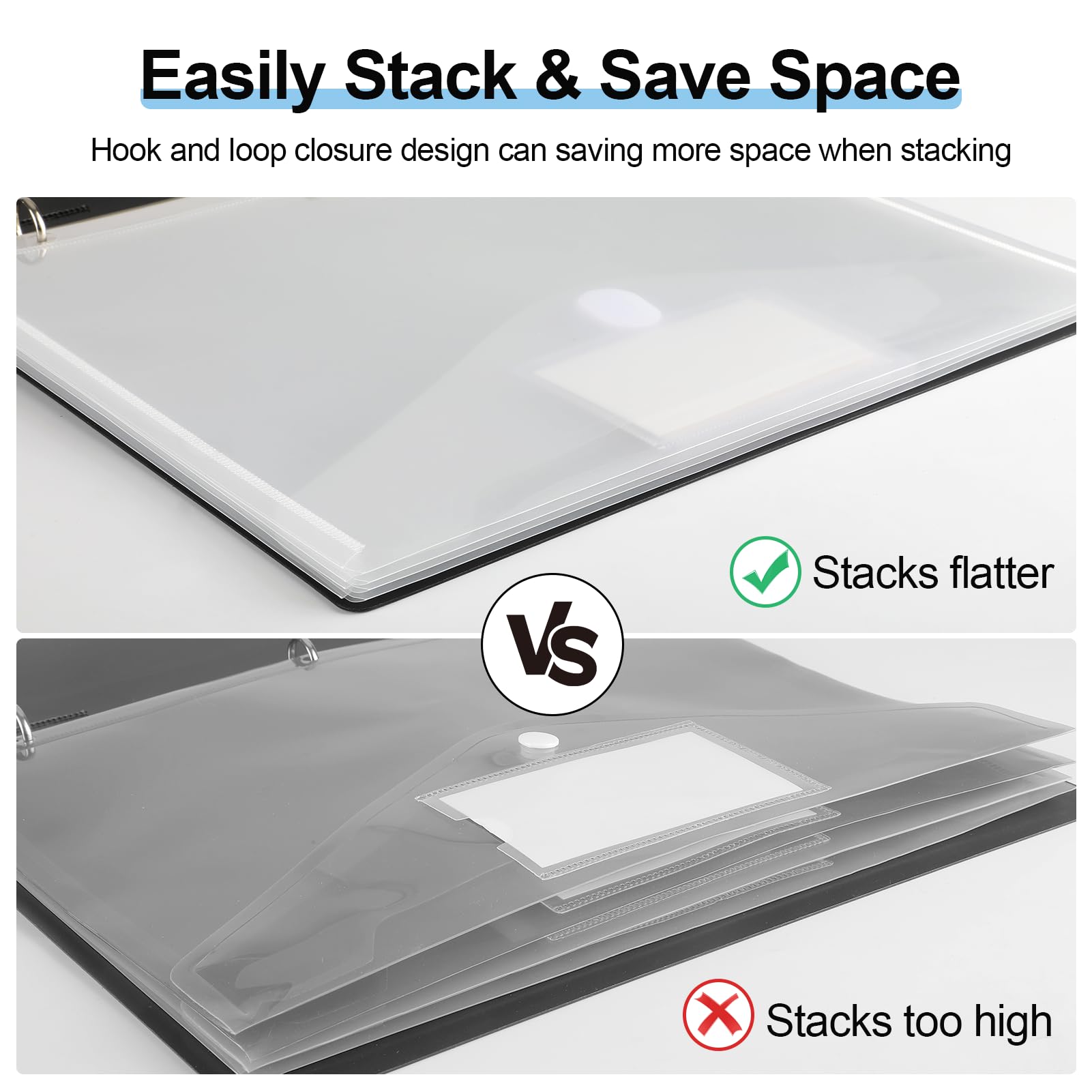 KTRIO 8-Pack Heavyweight Clear Side Loading Binder Pockets with Hook & Loop Closure - 3 Ring Binder Organizer Inserts for Letter Size Documents | Perfect for School, Office & Home Organization