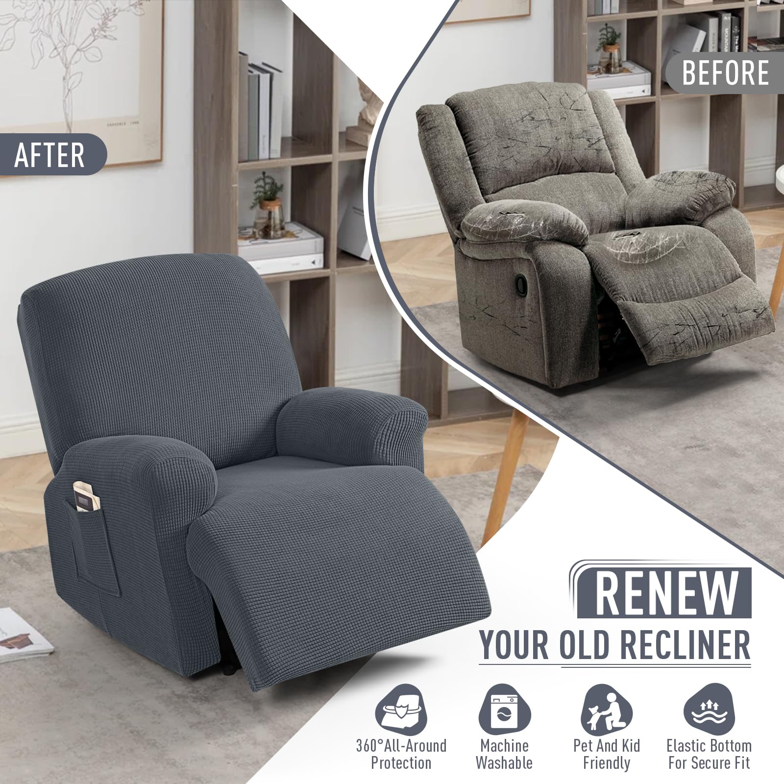 TAOCOCO 4-Piece Stretch Recliner Cover Set - Soft Jacquard Pattern Slipcover for 1-Seater Sofa & Chair Protector (Grey) | Perfect for Living Room Furniture Protection & Home Decor Upgrade