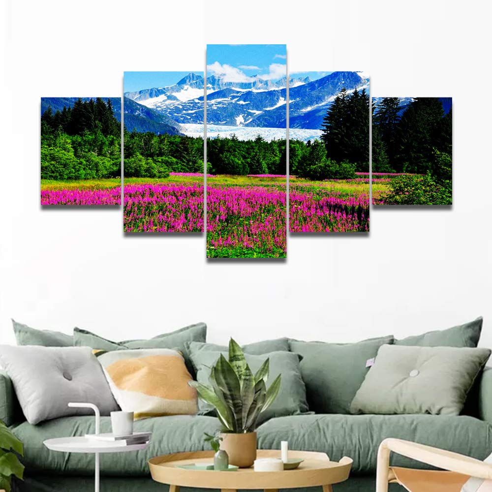 5-Panel Canvas Wall Art - Stunning Glacier & Alaska Mountain Landscape with Flowers & Forest - Panoramic Scenery Picture Frames Ready to Hang - Perfect for Living Room, Bedroom & Home Office Decor | Nature-Inspired Wall Decor for Modern Homes