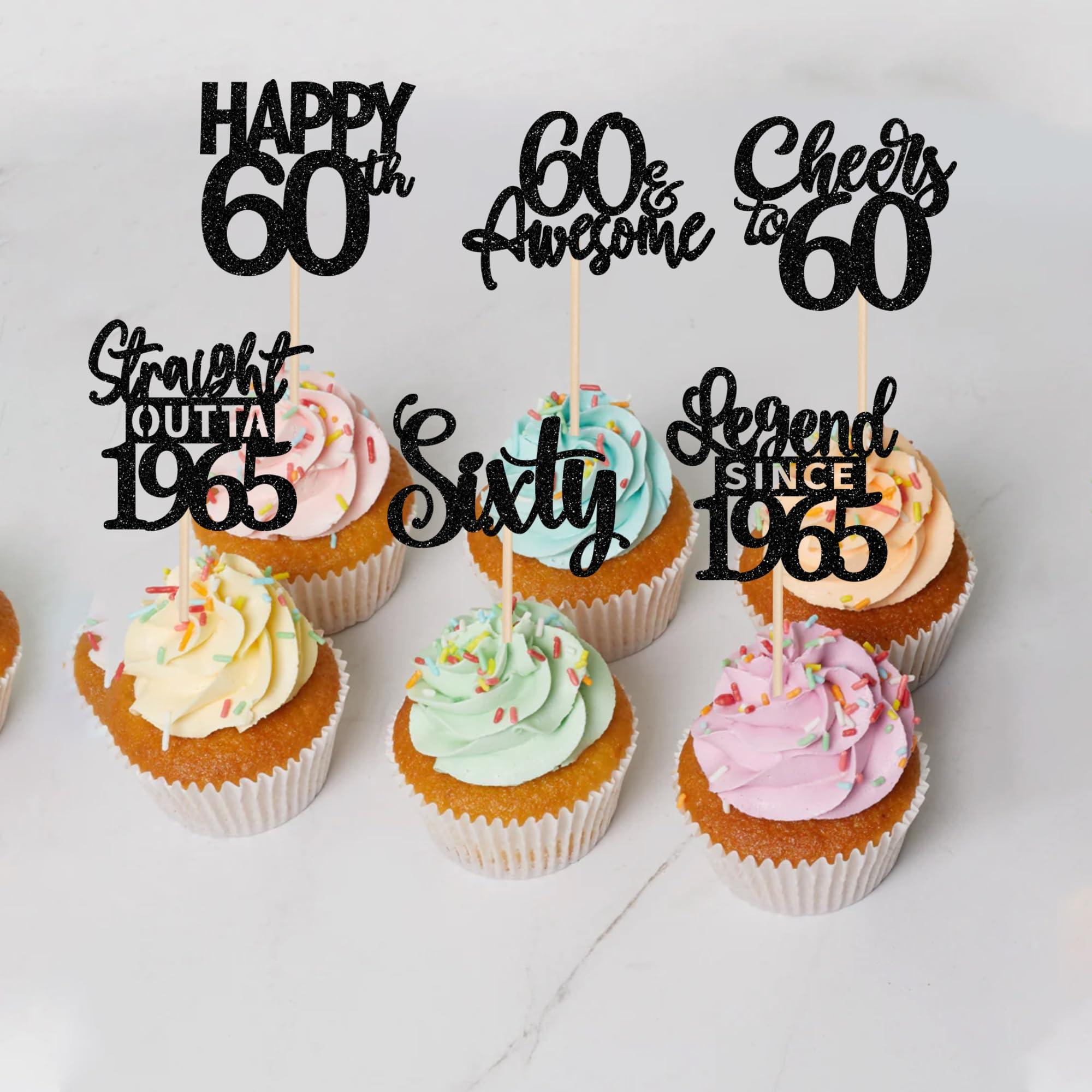 24PCS Black Happy 60th Birthday Cupcake Toppers - Sixty Straight Outta 1965 Cake Decorations for 60th Birthday Party Supplies - Perfect for Anniversary Celebrations, Retirement Parties & Milestone Decorations