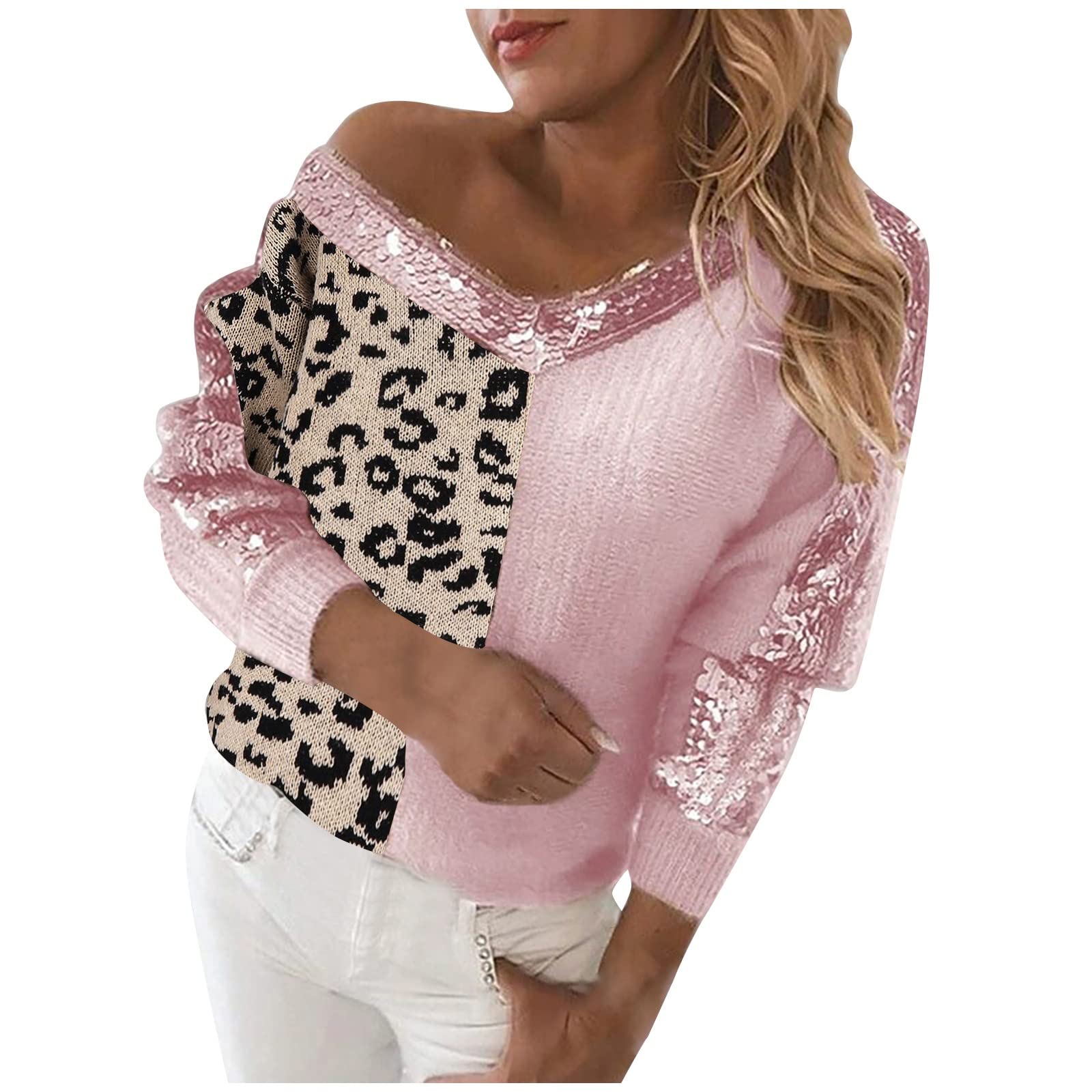 Women's Oversized V-Neck Sweater with Pockets - Sequin Stitched Leopard Print Pullover for Casual Wear, Office & Date Nights