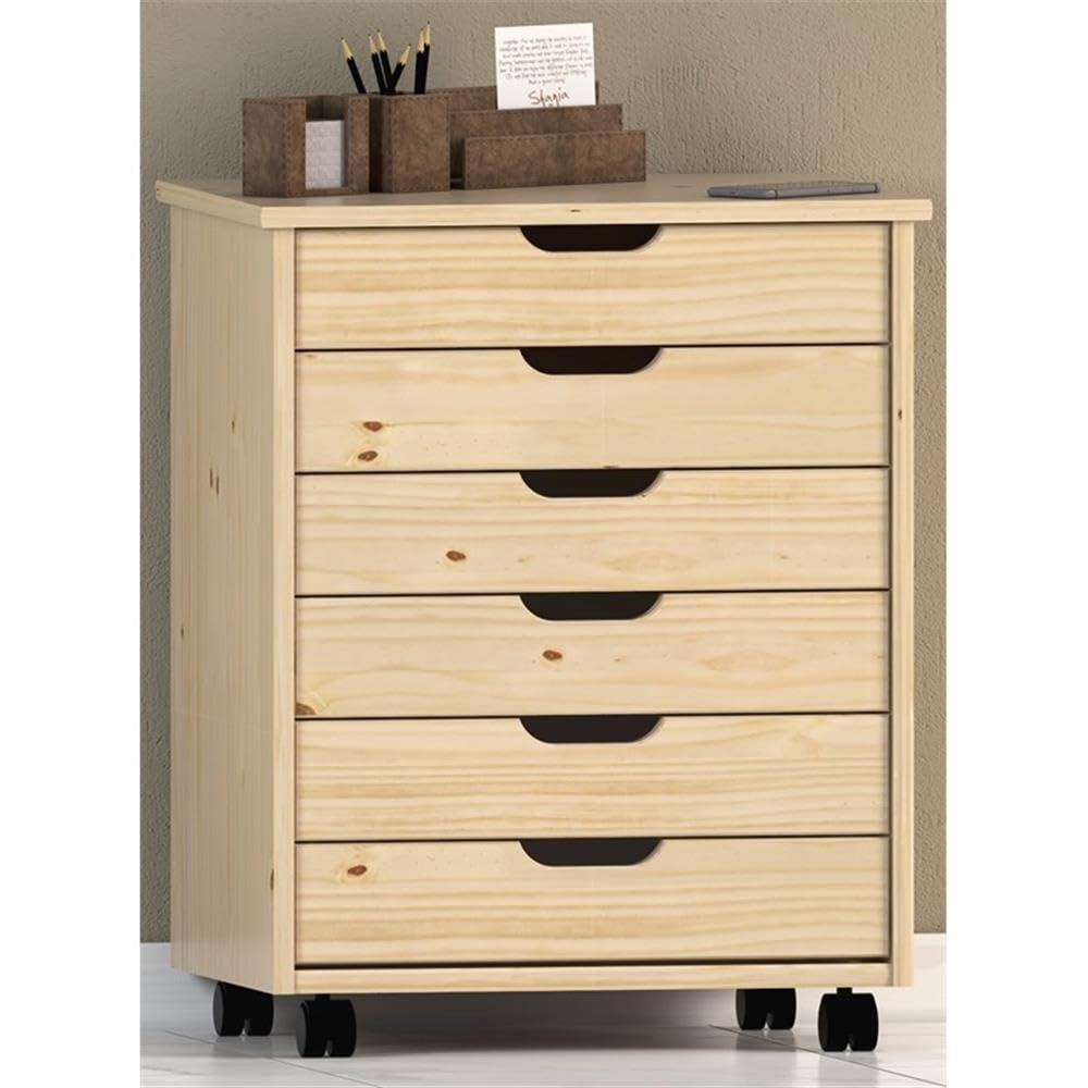 Natural Wood 6-Drawer Wide Rolling Cart with Wheels - Perfect for Office, Kitchen, Bathroom & Bedroom Storage Organization