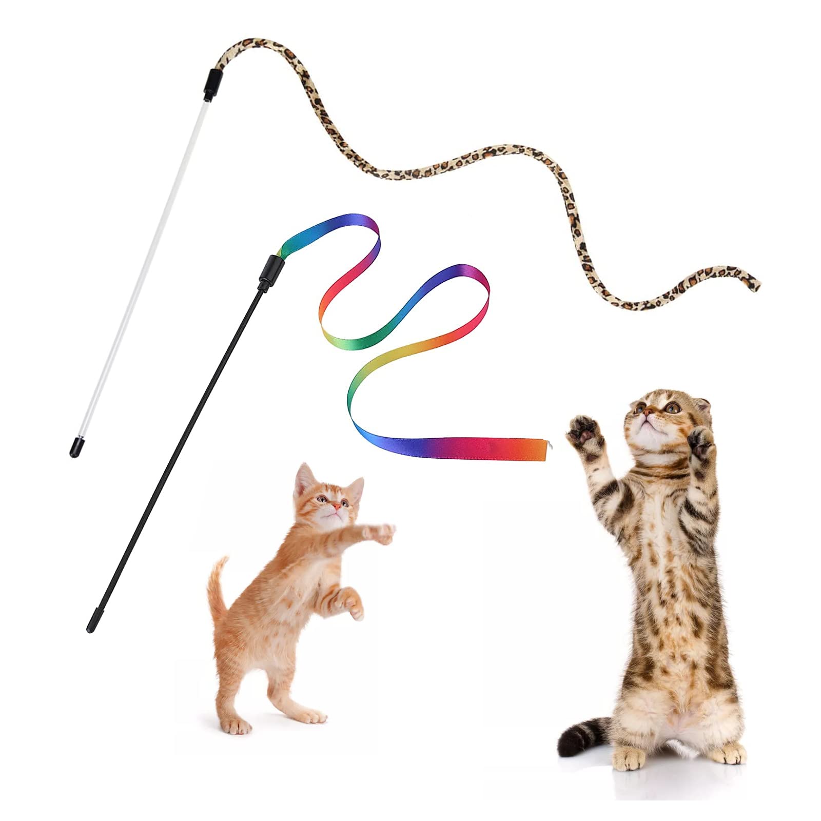 Andiker 2Pcs Cat Wand Teaser Toys - Interactive Rainbow & Leopard Print Fishing Pole Toys for Indoor Cats, Kitten Training Exerciser with Colorful Ribbon - Perfect Cat Gifts for Kitten Lovers (Playtime, Exercise & Bonding)