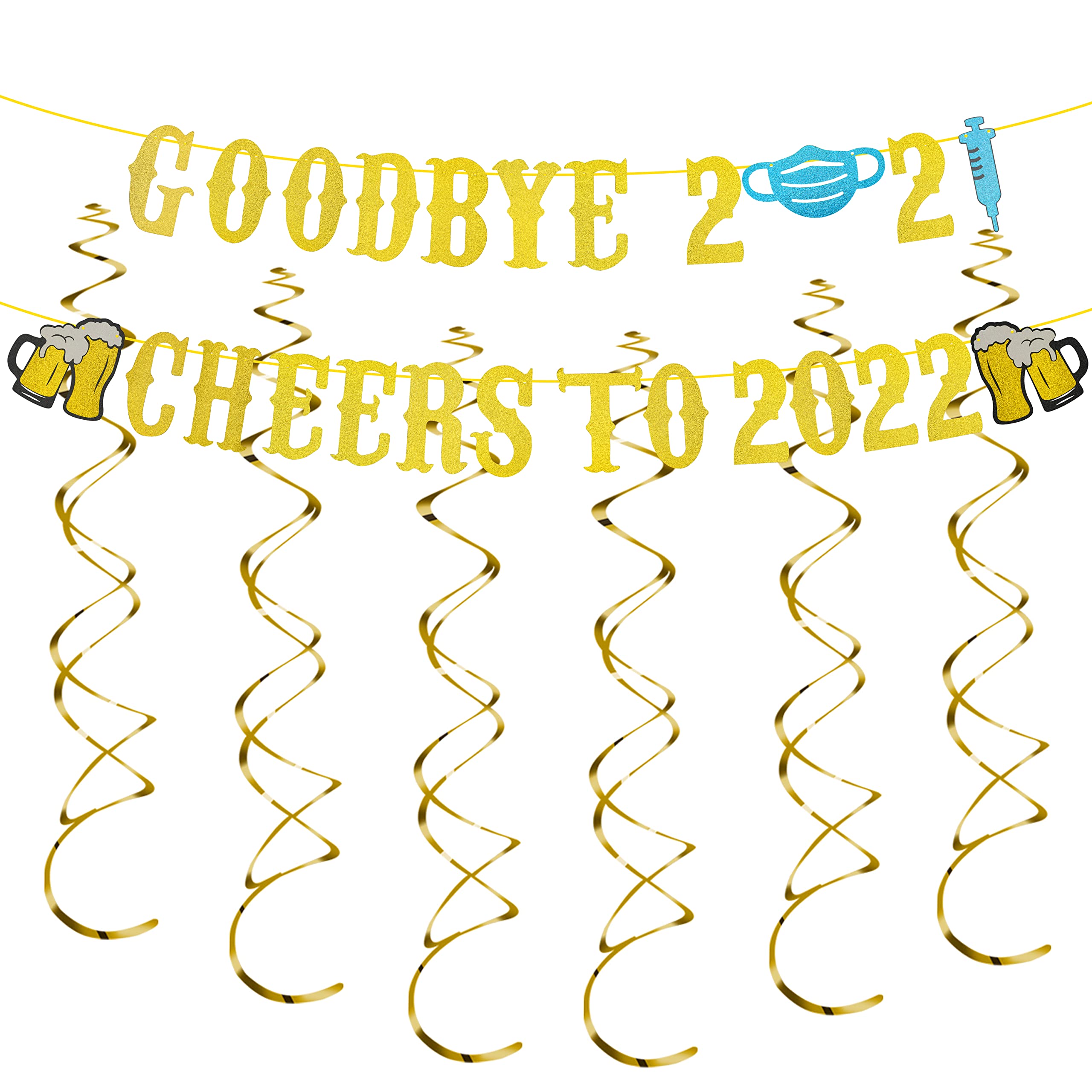 2022 New Year Party Banner with 6 Hanging Swirls - Happy New Year Decorations for Fireplace Mantle & New Year's Eve Celebrations - Perfect for Home, Office & Holiday Parties