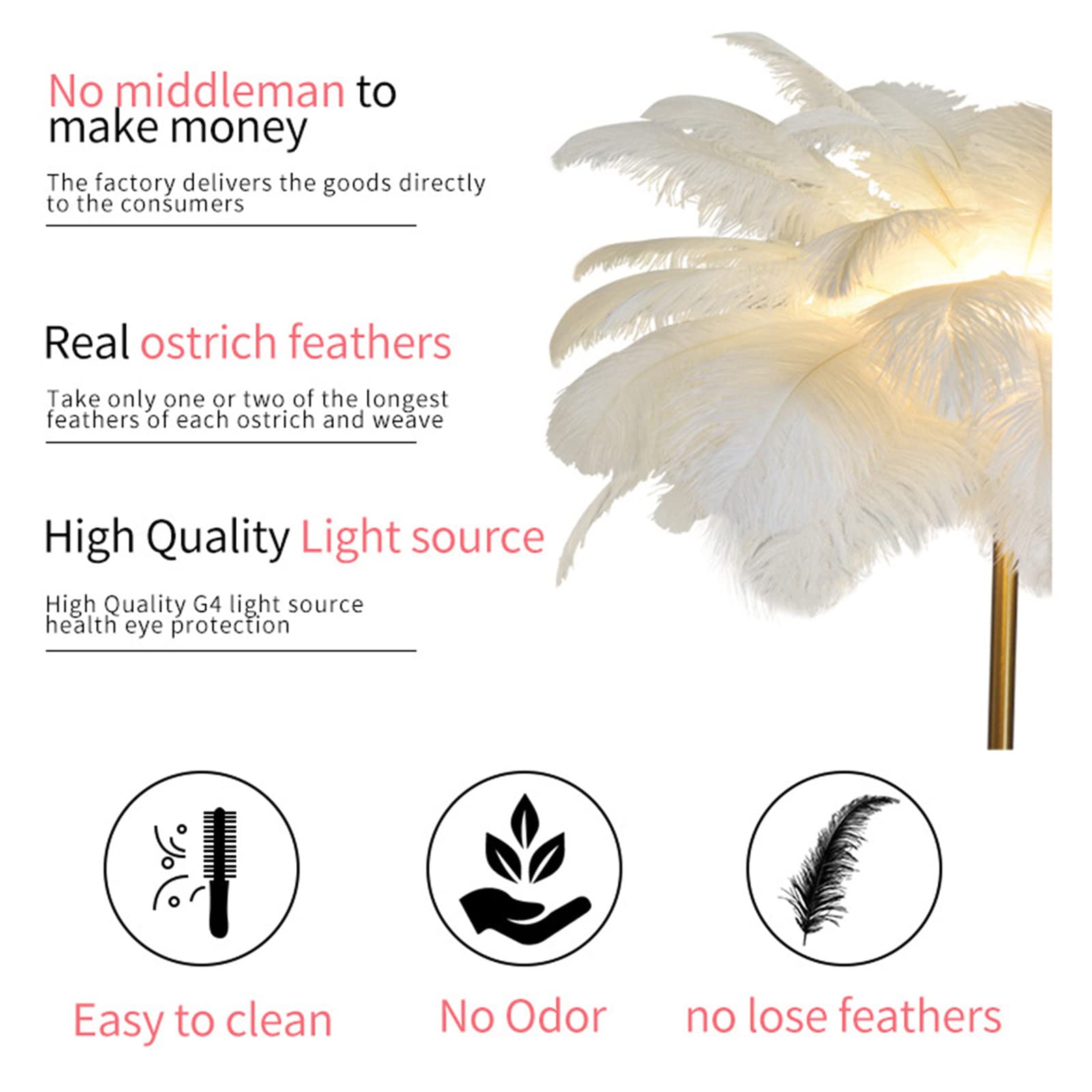 62.99? Natural Ostrich Feather Floor Lamp - Modern Standing Lamp with Golden Base & Dimmable G4-LED Bulb, Foot Switch for Bedroom & Living Room Decor | Perfect for Cozy Reading Nooks & Elegant Home Lighting (White)