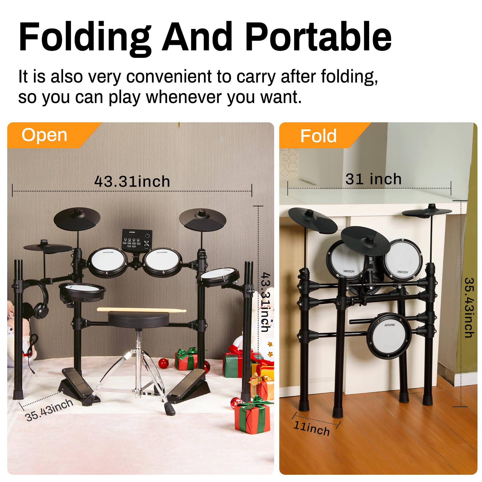 AODSK AED-403 Electric Drum Set with Quiet Mesh Pads - Best Electronic Drum Kit for Beginners & Teens - USB MIDI Connectivity, Includes Throne, Headphones & Drum Sticks - 15 Drum Kits & 195 Sounds - Perfect for Home Practice, Music Learning & Silent Jamming - Great for Bedroom Studios, Small Spaces & Apartment Living