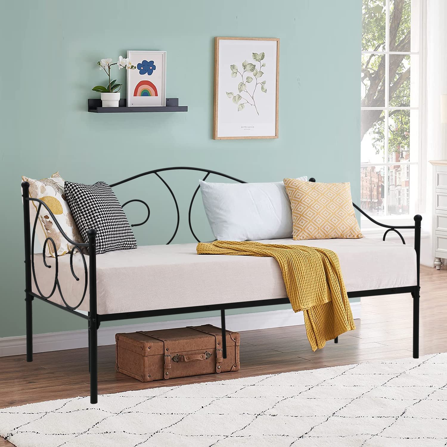 BLKMTY Heavy Duty Metal Daybed Frame with Sturdy Slats - Twin Size Sofa Bed for Kids, Teens & Adults - Multi-Functional Furniture for Living Room, Guest Room & Dorm - Black (Mattress Not Included)