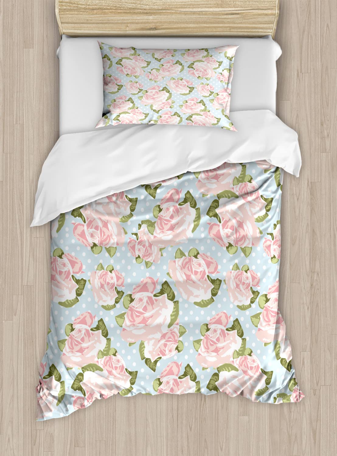 Ambesonne Shabby Floral Duvet Cover Set - Queen Size 2-Pack with 2 Duvet Covers & 4 Pillowcases | Vintage English Garden Plants & Polka Dot Design | Perfect for Farmhouse, Cottage, or Victorian Style Bedrooms