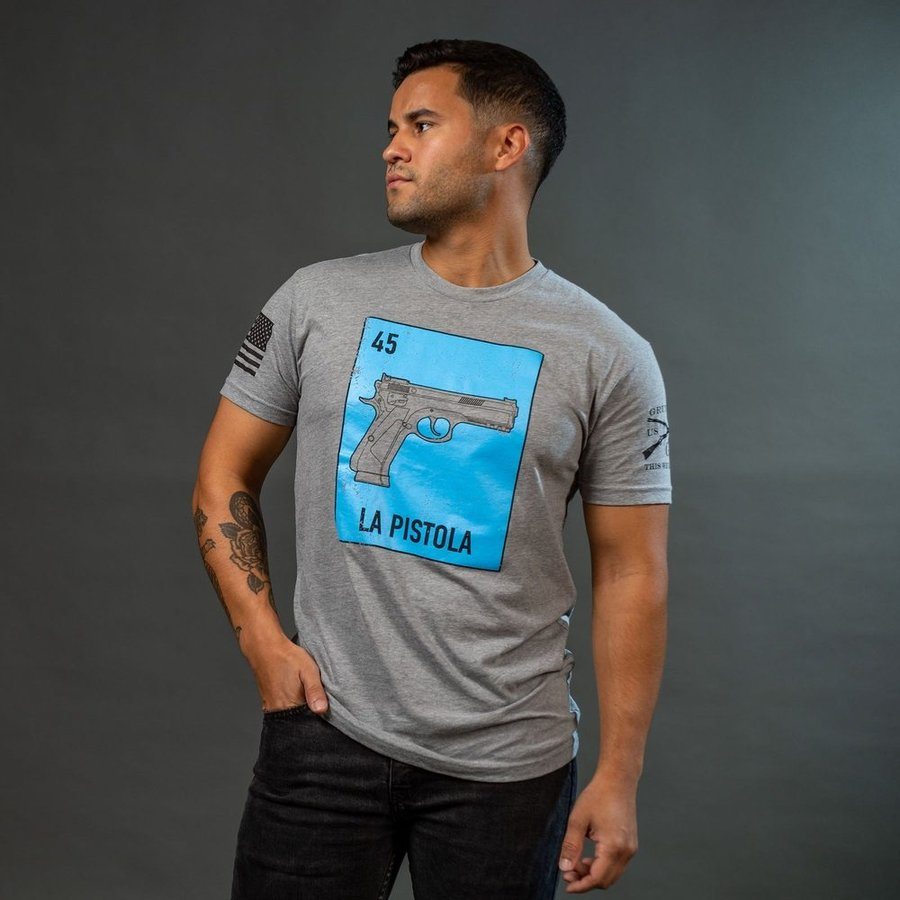 La Pistola Graphic T-Shirt for Men - Dark Heather Gray Cotton Tee | Casual Streetwear & Everyday Comfort